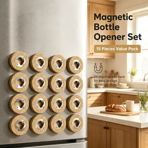15 Pack Round Magnetic Bamboo Bottle Openers, Strong Fridge Magnet Back Blank Engravable Beer Opener for Home Bar Kitchen Storage & DIY Custom Party Favor Gifts