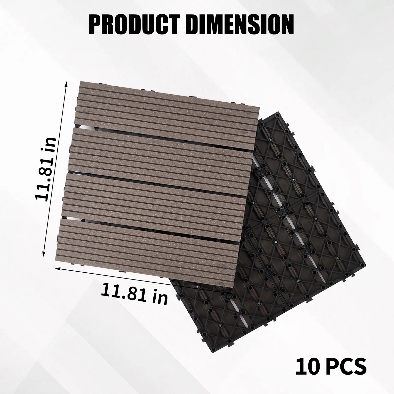 10-Pack Interlocking Wood Plastic Composite Deck Tiles, 12x12 in DIY Snap-Lock Outdoor Flooring for Balcony, Poolside, Porch for DIY Users (Gray)