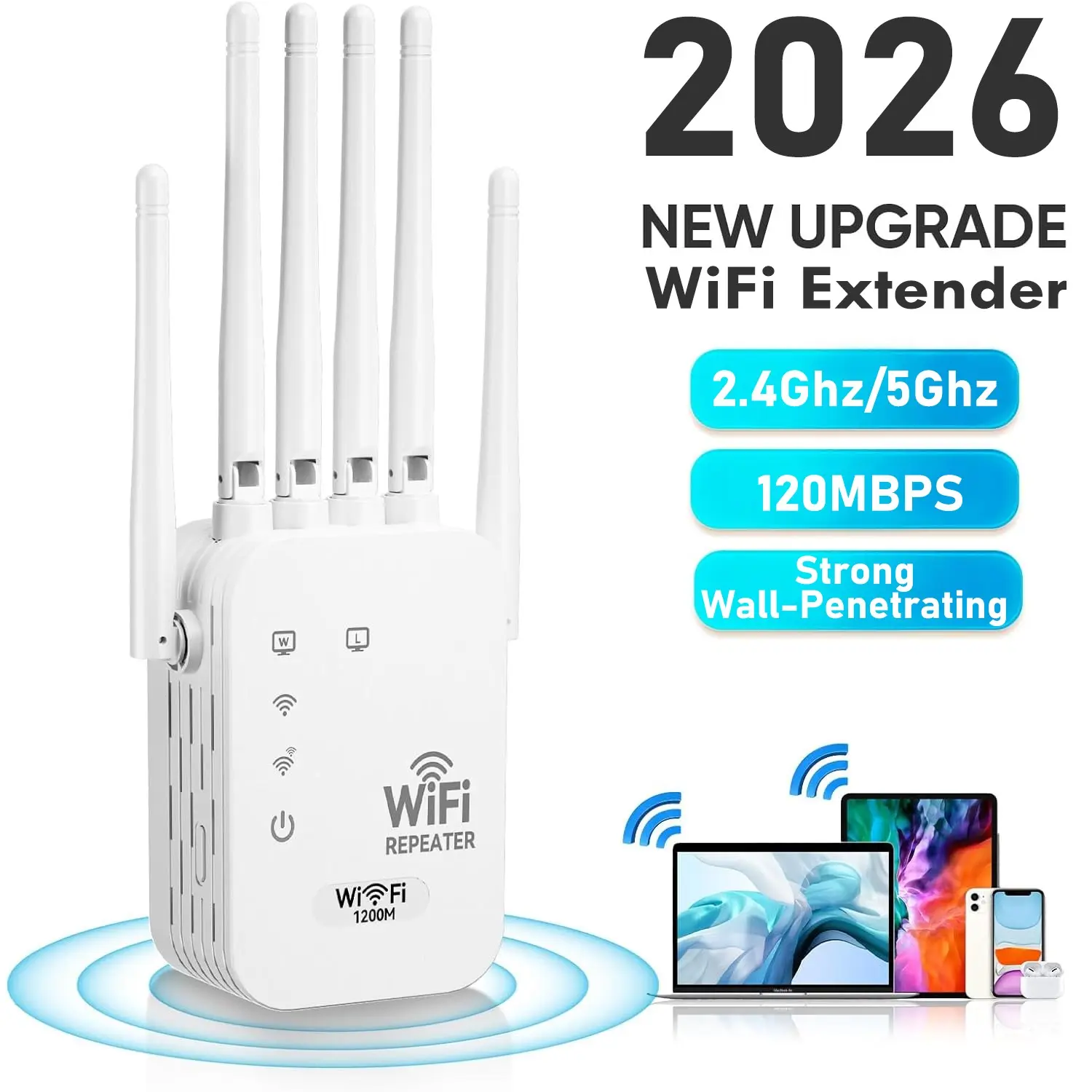 1200Mbps WiFi repeater, 6 high gain antennas, Dual band 5G/2.4G, With Ethernet port, Full house coverage with no dead corners up to 1500 feet, supporting multiple devices for home networks, Wifi Extenders Signal Booster For Home Wireless Signal Repeater