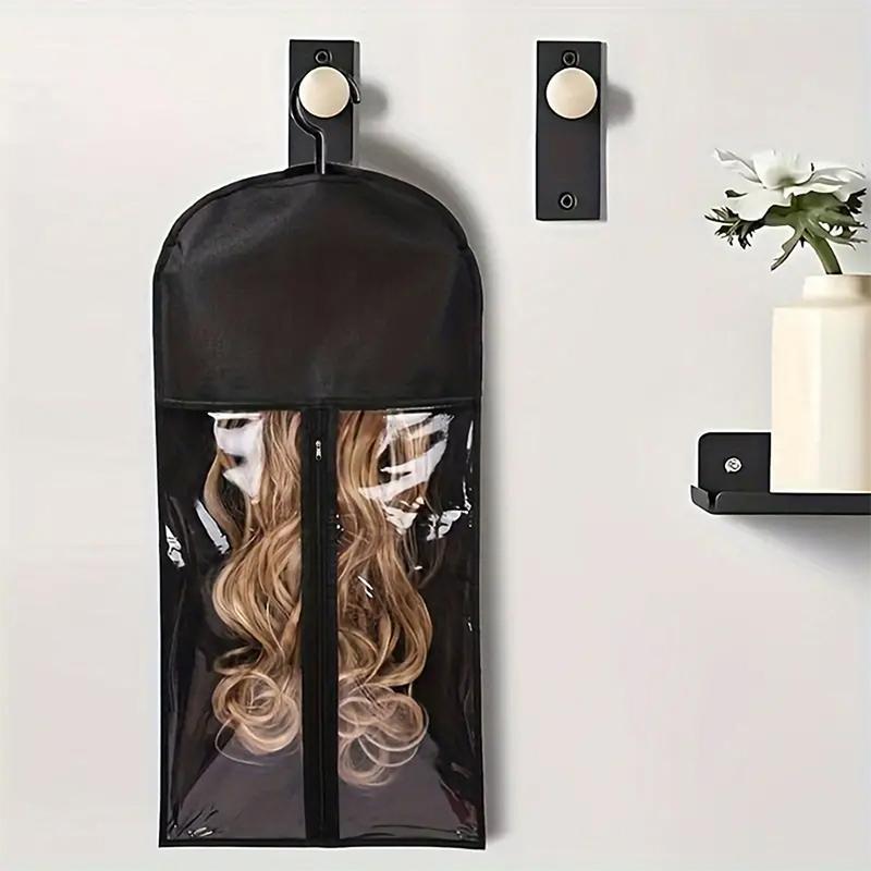 Wig Storage Bag, Zipper Transparent Dustproof Design Wig Storage Bag, Zipper Closure, Hair Extension Hanger, Wig Tool, Durable Cover, Black Wigs Accessories for Salon & Home Use, Household Items, Reusable Plastic Cover