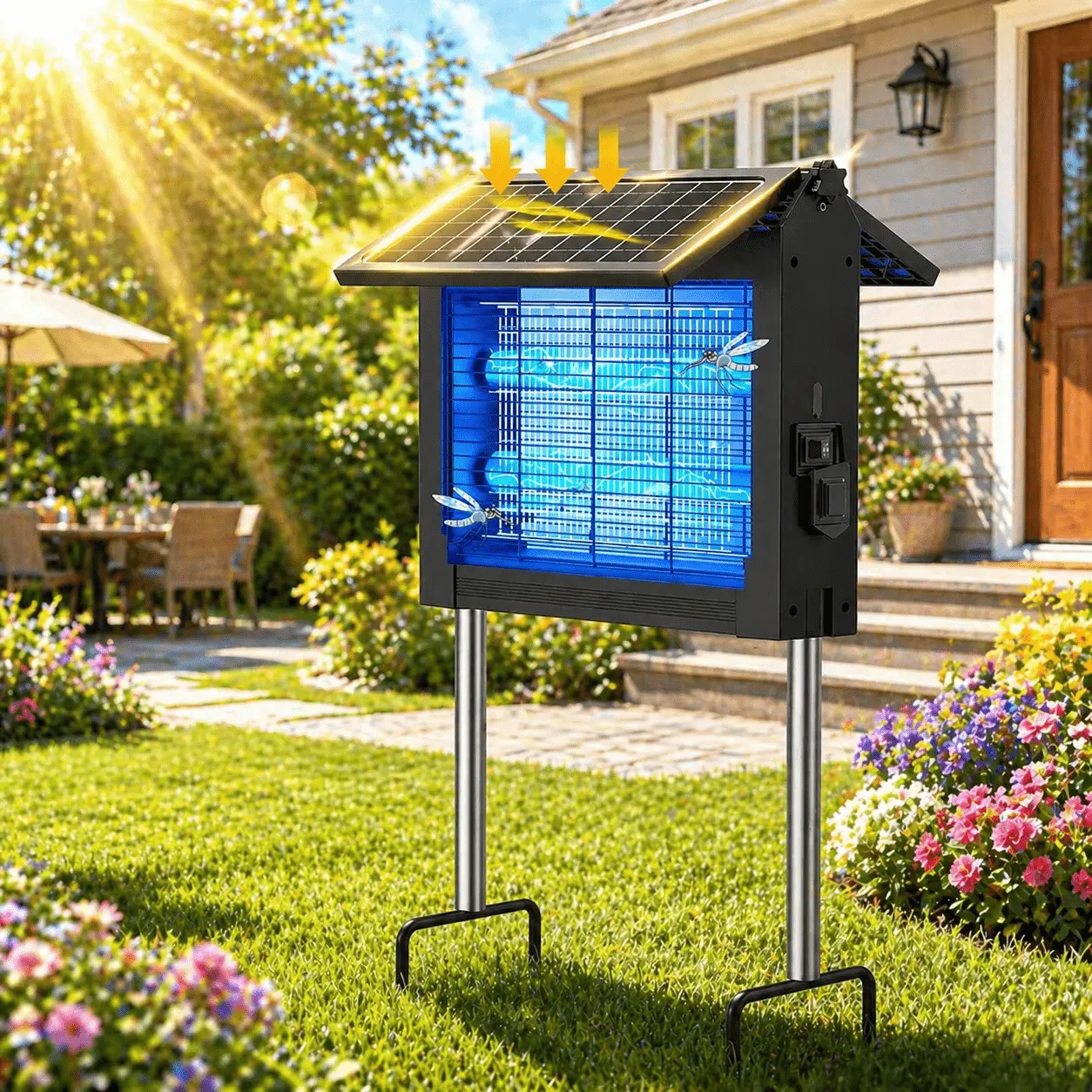 Solar Bug Zapper Outdoor 4500V, Dual Solar Panel & USB Rechargeable Insect Trap, Auto On/Off, IPX4 Waterproof for Patio Backyard Garden Camping