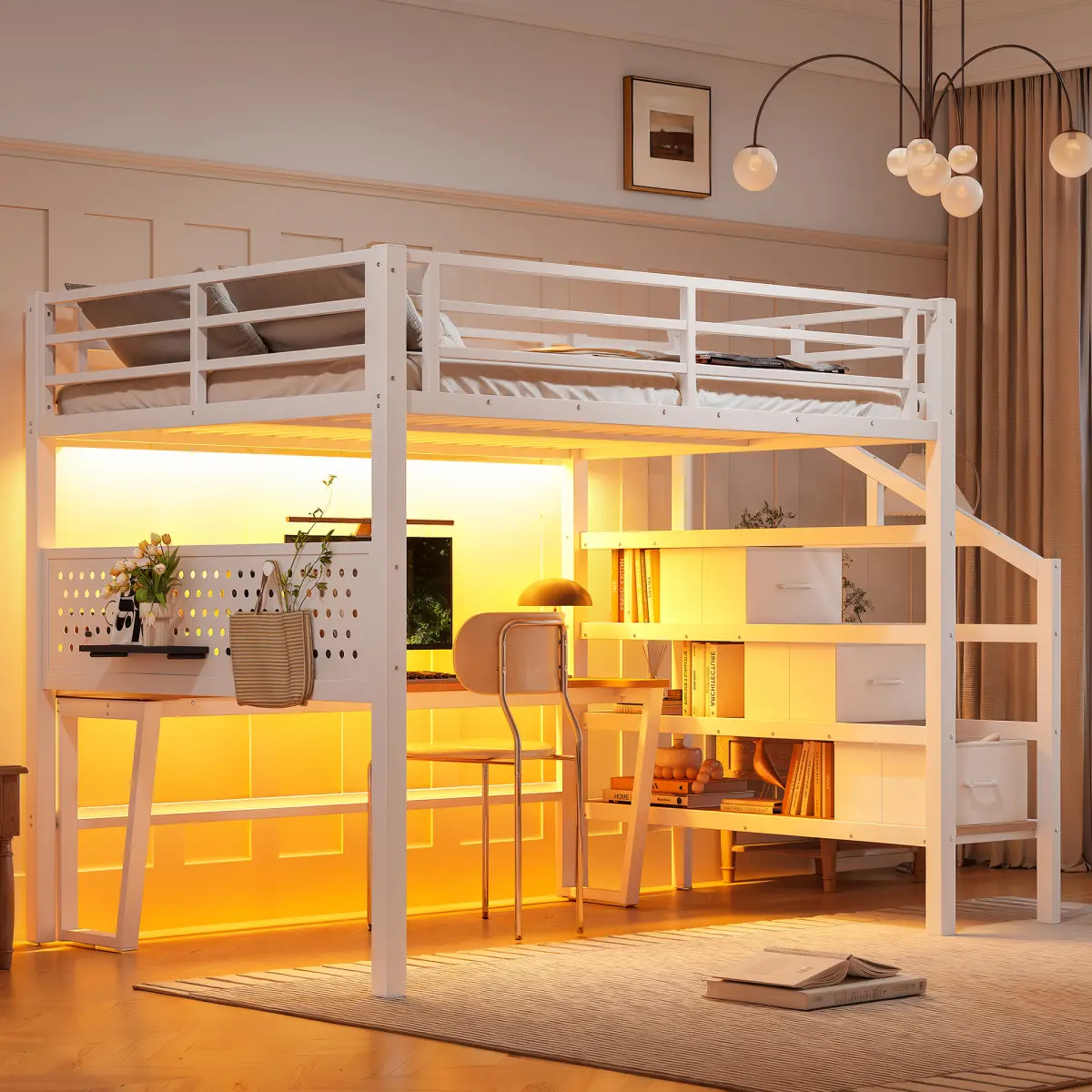 Full Size Metal Loft Bed with Storage Stairs and Movable Desk with USB White Metal Loft Bed Frame with 3 Fabric Drawers and LED Full Length Guardrail and Pegboard Suitable for young students charging mobile phones watches tablets computer learning
