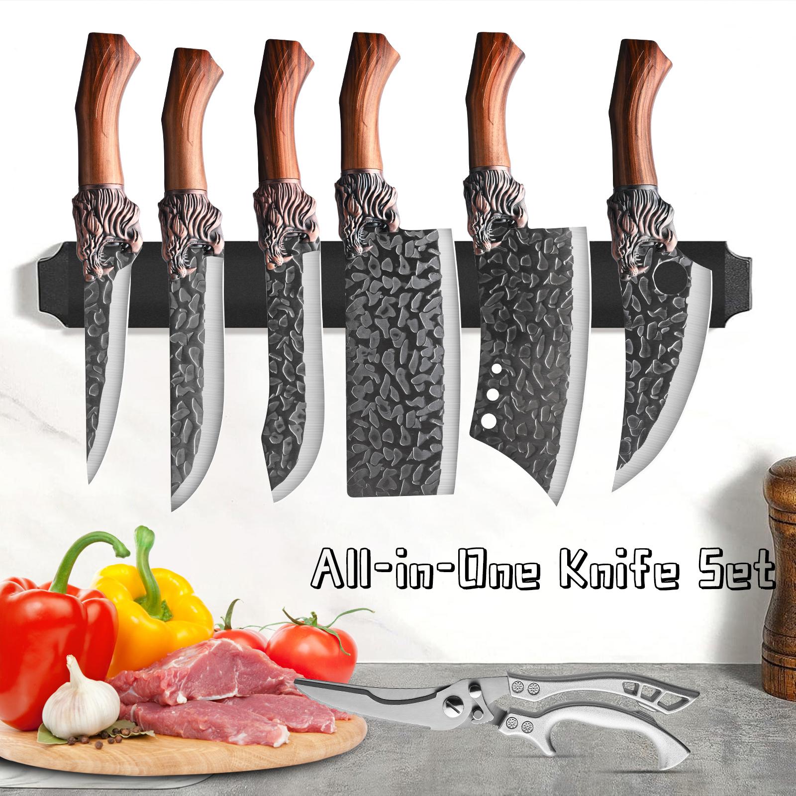 Professional Chef Knife Set - Handcrafted with Ergonomic Handle and Hammer-Finish Blade - Super Sharp Bone Cutting Knife, Butcher Knife, Fish Knife, Bread Knife, Hatchet, Kitchen Scissors - Perfect for Home Use, Mother's Gift Meat Dragon 7Pcs