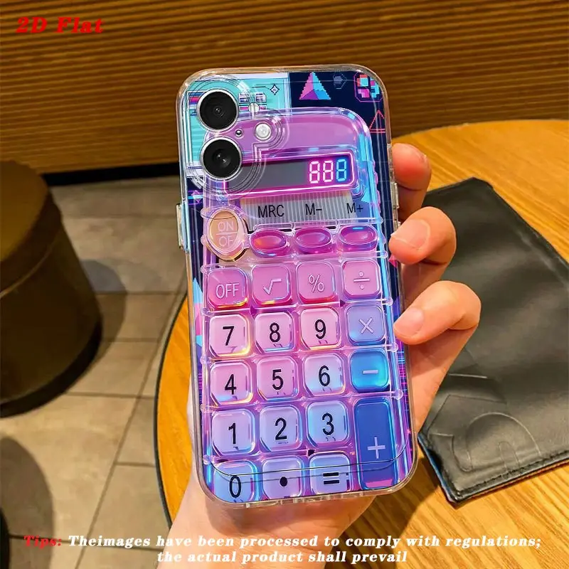 High-Transparency Neon Calculator Pattern Phone Case, Tpu Material, Shockproof Full Coverage for iPhone 11-17 Pro/promax, Cyber Y2K Style