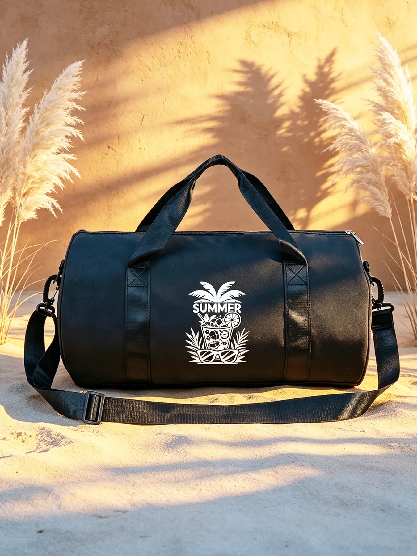 Large handbag with vacation-themed print, resort style tote, multi-pocket design and adjustable shoulder strap, an ideal gift for travelers.