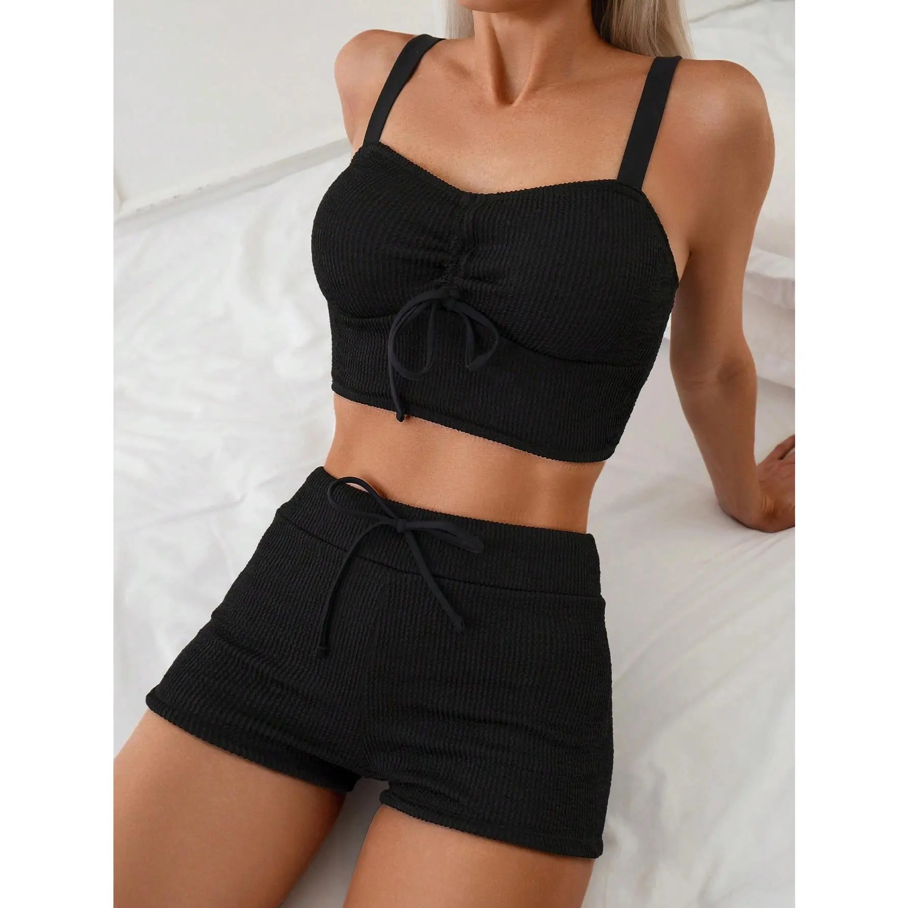 Women's Lace-Up Bikini Set, Solid Color High-Waist 2-Piece Conservative Swimsuit for Beach, Pool & Spa Use, Laces, Beach Wear, High Waisted, Elastic Waistband, Drawstring, No