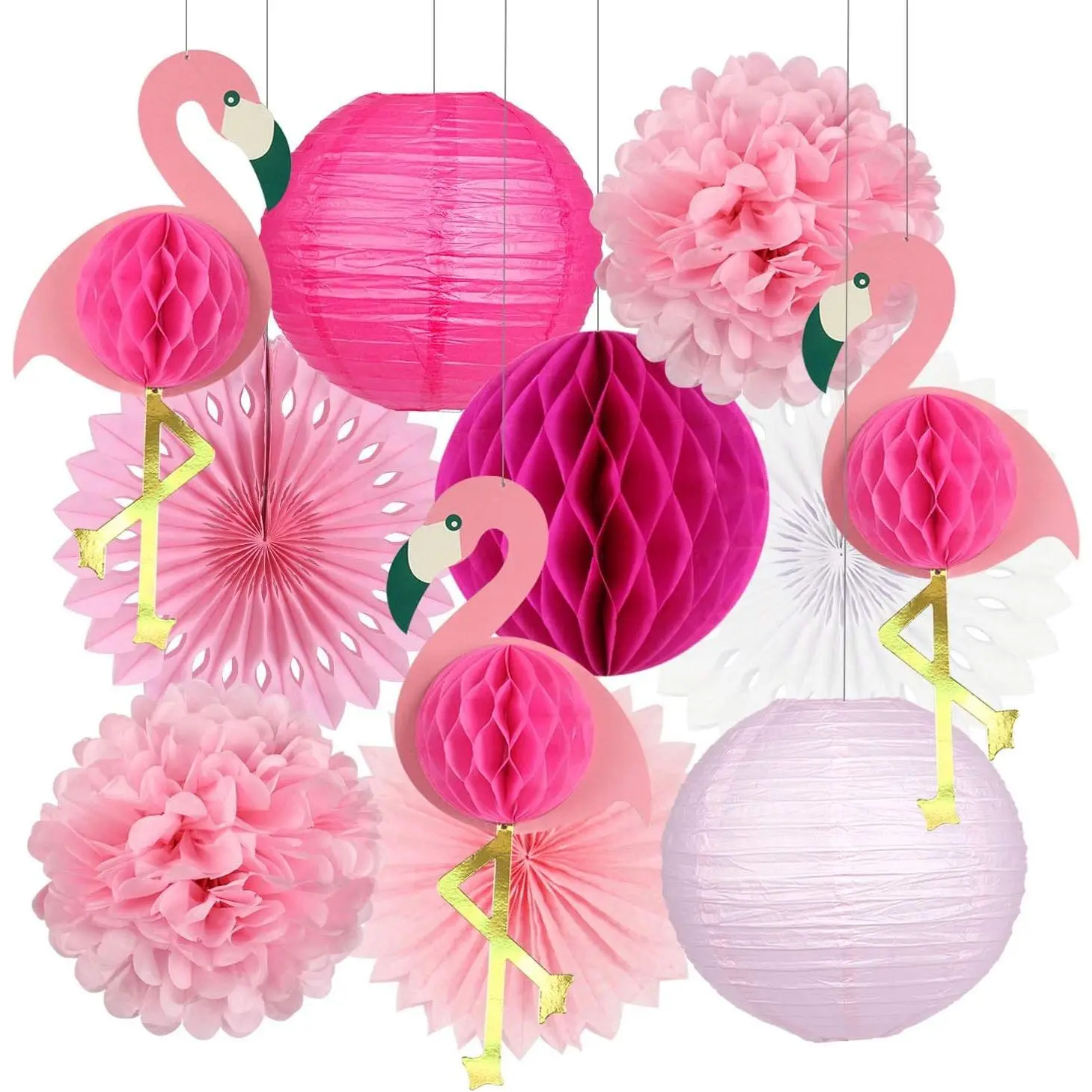 Tropical Party Decorations Pink Flamingo Party Supplies Set – Pom Poms, Tissue Paper Flowers, Paper Fans & Lanterns for Hawaiian Summer Beach Luau PartyGift