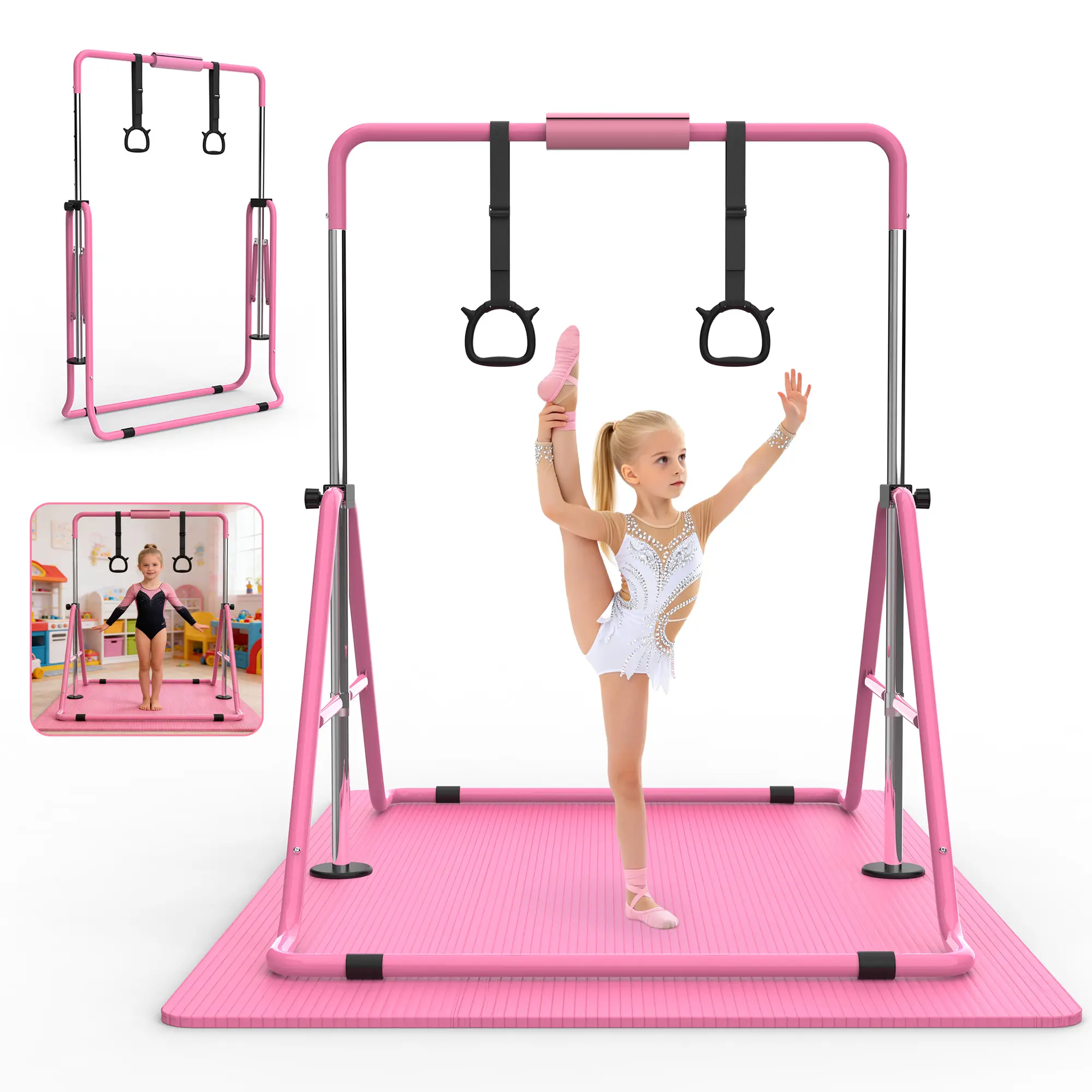 Kids Gymnastics Bar Adjustable Height Foldable Horizontal Training Bar with Non Slip Mat for Practice Safe Sturdy Easy Assembly for Boys and Girls Ages 3 12