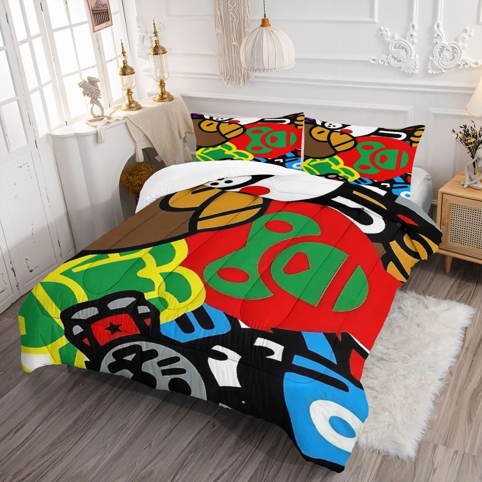 American Retro Colorful Street Graffiti Cartoon Animal Print Quilted Comforter Set, Include 1 Quilt Core and 1/2 Pillowcases, Contrast Trend Illustration Patterns Design Comforter, Machine Washable