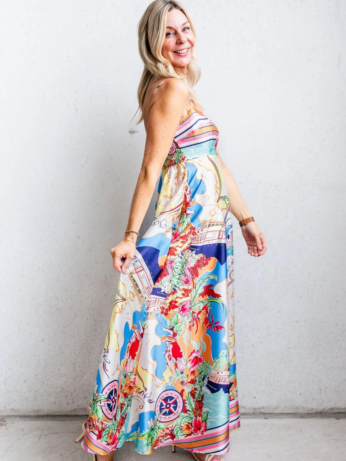 Women's All Over Print Cami Dress, Boho Casual Sleeveless Spaghetti Strap Dress for Beach Holiday Vacation, Ladies Spring & Fall Clothes