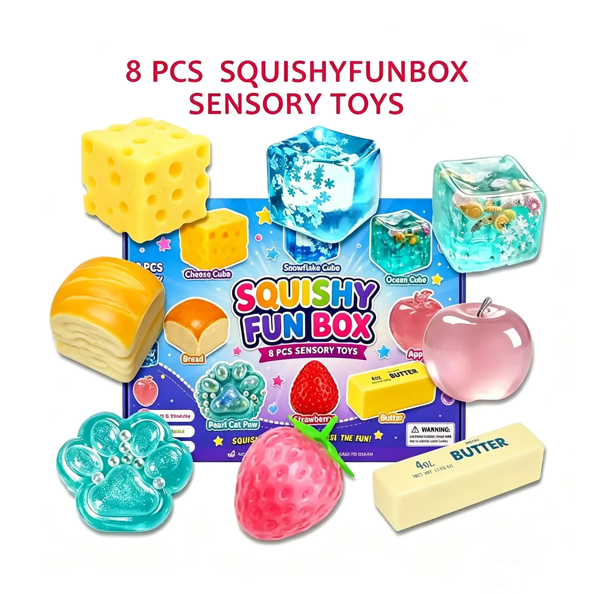 8 Pcs Squishy Fun Box Sensory Toys, Soft Stretch Food Fidget Squishy Toys Set, Stress Relief Squeeze Toy, Cute Gift for Kids Adults, Squishy Fidgets