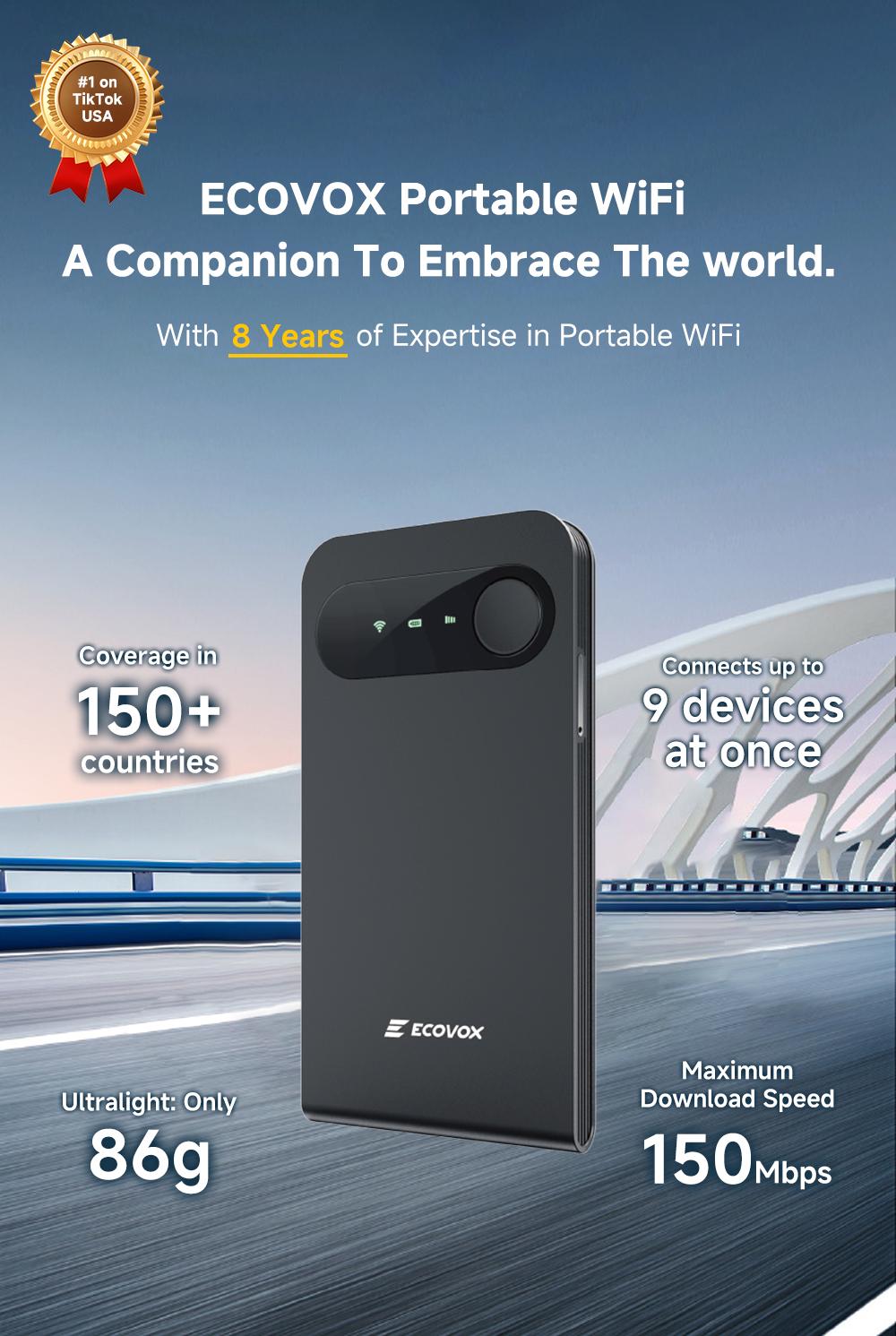 ECOVOX Global eSIM Hotspot Auto-Switch AT&T/T-Mobile/Verizon 150Mbps 4G LTE FCC Certified Pocket-Sized for Airport RV Tinder Date Rescue Free 1GB Data 86g