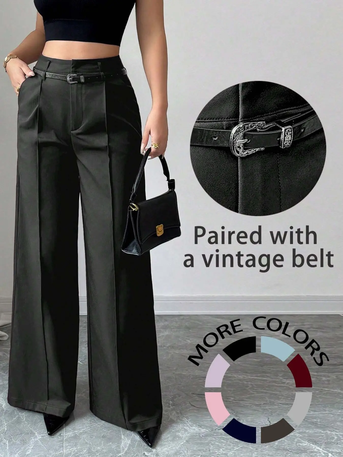 New High-Waisted Burgundy Straight Leg Pants with Vintage Belt, Elegant Design for Daily and Work Wear, Women's Summer Wide Leg Pants Fit Bottom Clothes