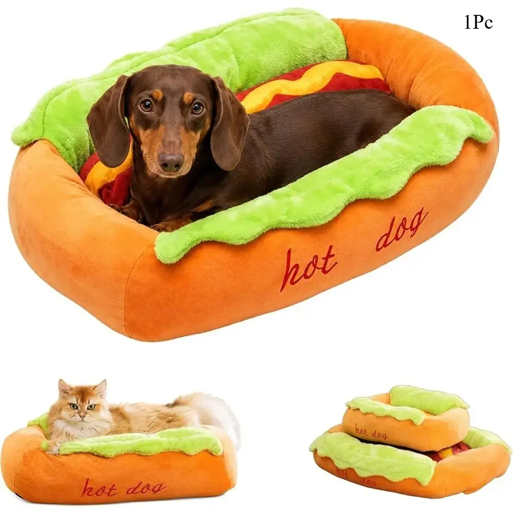 1Pc Hot Dog Dog Bed, Puppy Bed, Soft Plush Small Cute and Warm Cozy Food Dog Cat Bed, Removable & Washable Pet Mat, Washer and Dryer Friendly, Sizes S to L, Supports 5-25 Lbs