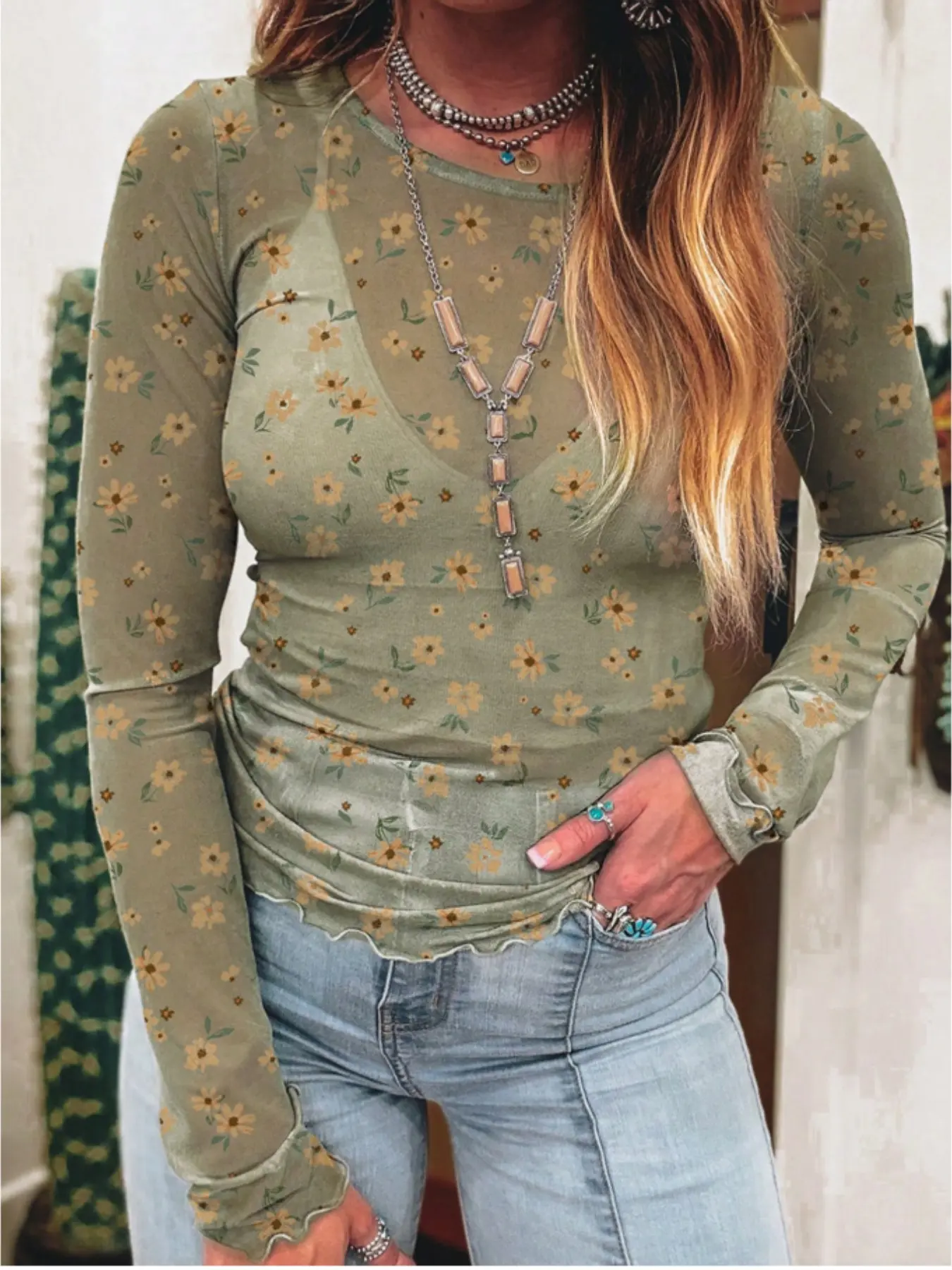 Women's Ditsy Floral Mesh Long Sleeve Top, Y2K Sheer Ruffle Mock Neck, Slim Fit Layering Shirt, Fashionable and Stylish