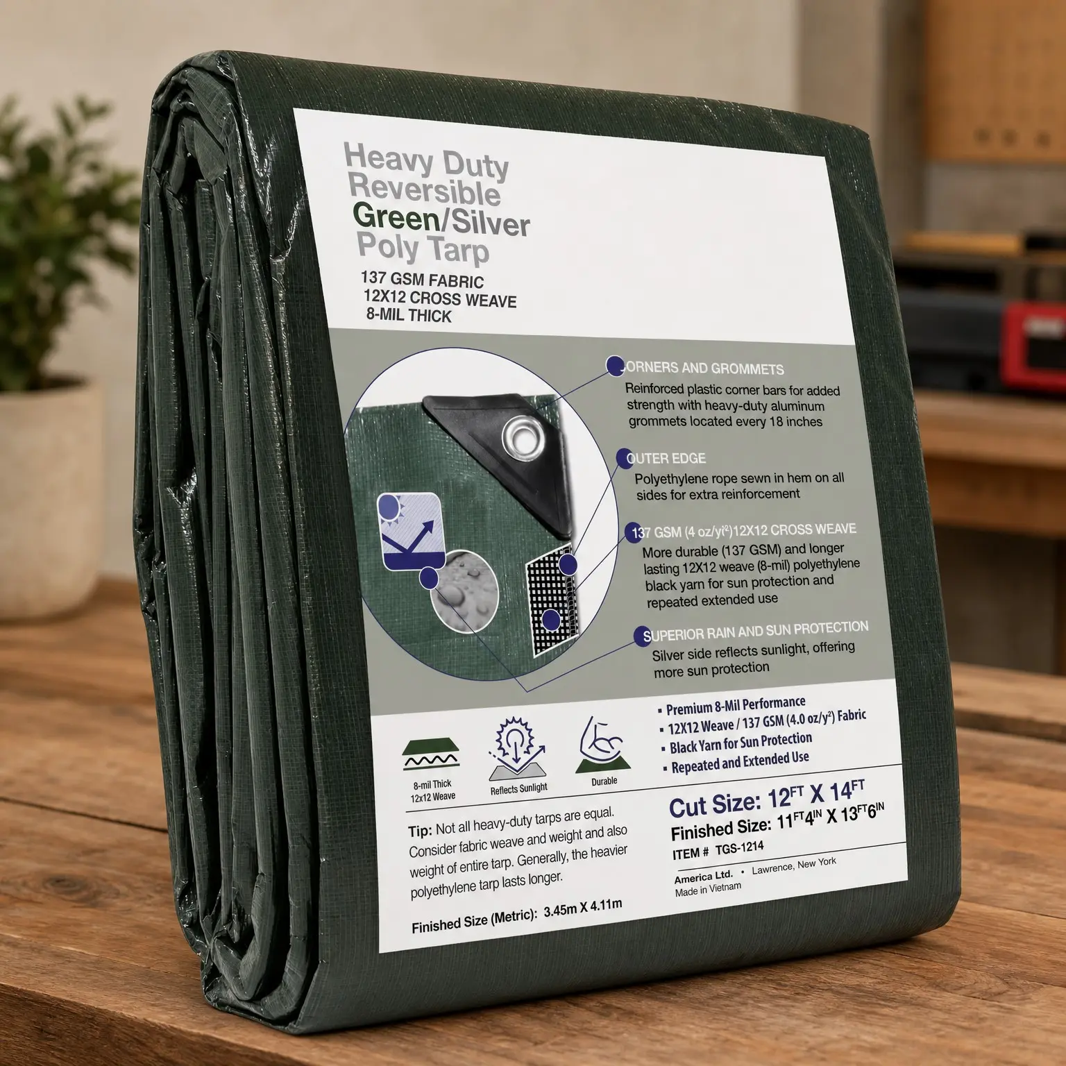 12 x 14 Ft. Heavy-Duty 8-mil Reversible Multi-Use Waterproof Tarp, Green-Silver (TGS-1214)Gift
