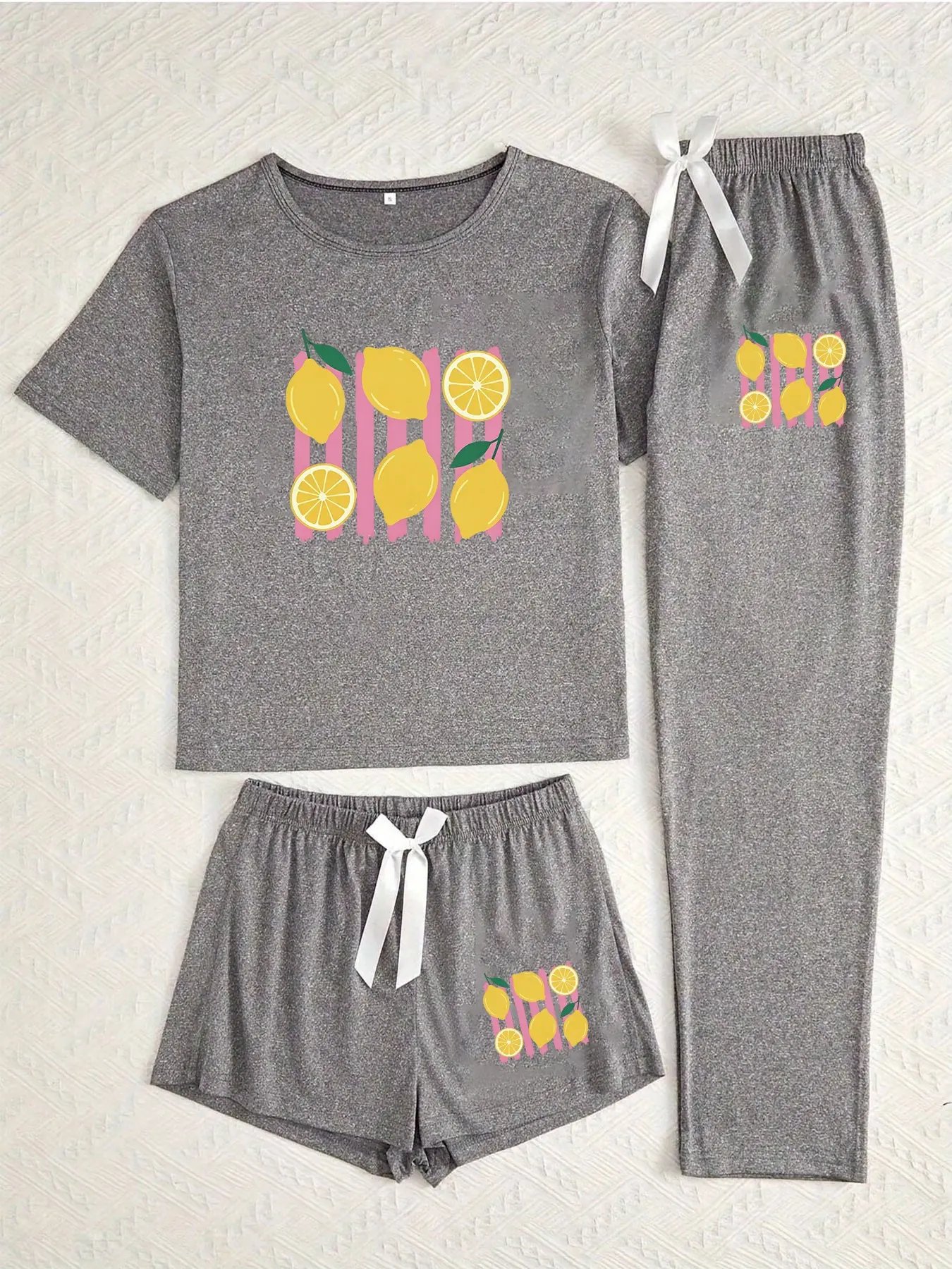 Three-Piece Pajama Set for Women, Cartoon Lemon Stripe Print, Loose-Fitting Casual Sleepwear Loungewear, All Seasons Comfortable Nightwear