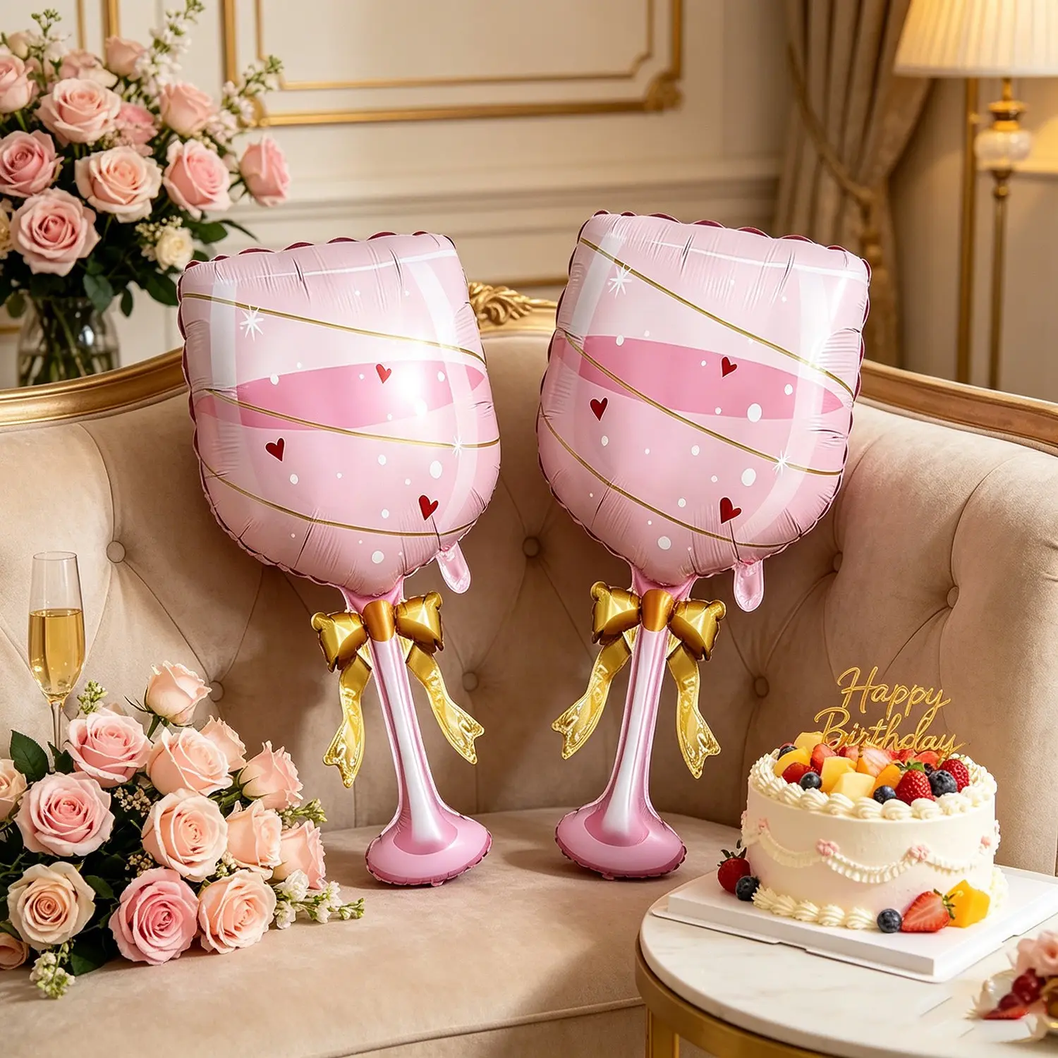 2 Pack Pink Champagne Glass Foil Balloons, 35.04 Inch Cute Heart Print Champagne Cup Shape Balloon Set, Party Decor & Photo Props for Birthday, New Year, Wedding, Anniversary, Bridal Shower & Bachelorette Party