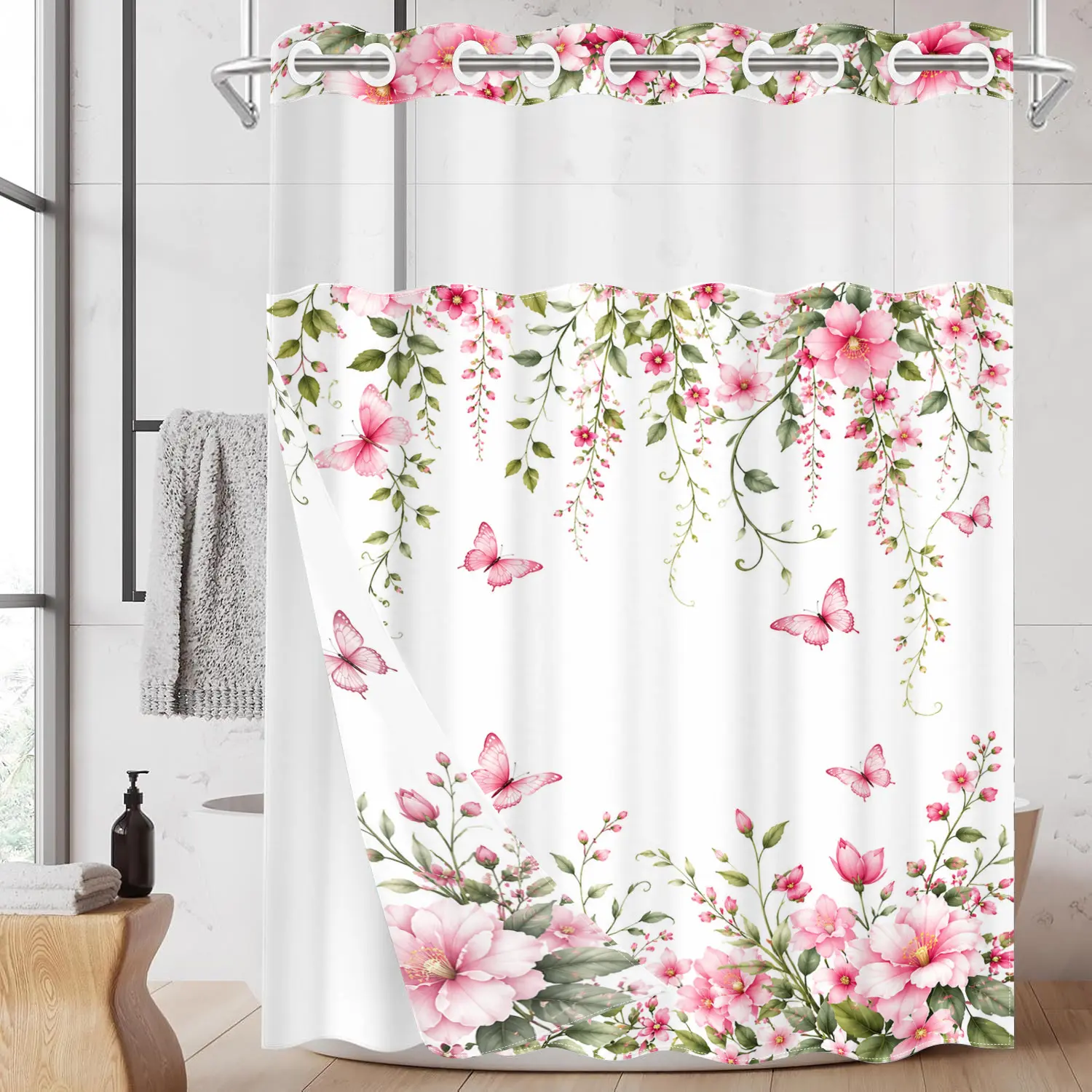 1PC 2D Flat Pink Floral Vine & Butterfly Pattern Double-Layer Woven Shower Curtain, No Hooks, Transparent Top Window, Removable Snap-On Liner, Romantic Botanical Bathroom Art Decor, Bathroom & Holiday Decoration