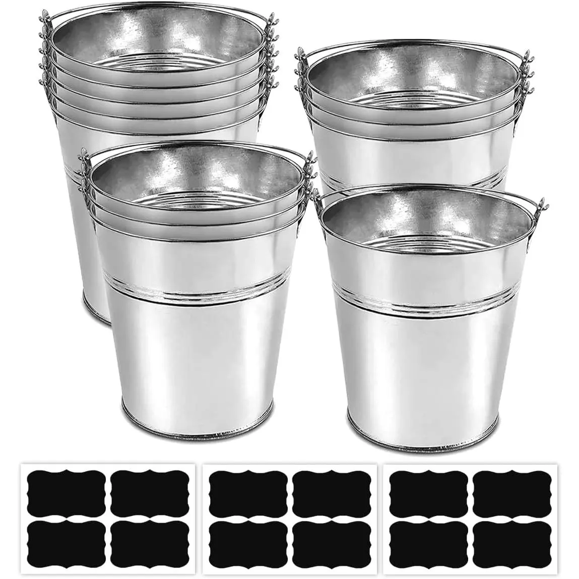 Set of 12 Pcs Galvanized Metal Buckets with Chalkboard Stickers,5 Inch Tin Buckets, Small Galvanized Pail for Backyard Decoration,Garden Planters