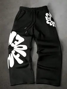 American Street Style Bubble Letter Wide Leg Sweatpants, Contrast, Drawstring Waist, Loose Fit, Casual All Season Pants, Streetwear