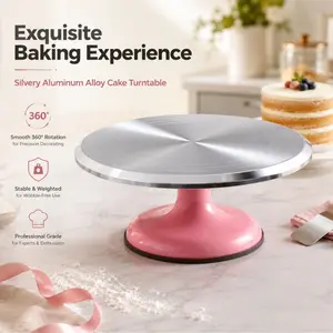 Silver Aluminum Cake Turntable Featuring Glossy Silver Rotating Top And Rose Pink Base, Professional-Grade Baking Accessory, Excellent Frosting Tool For Birthday Cake Decoration, Versatile For Home Baking And Commercial Bakery Applications