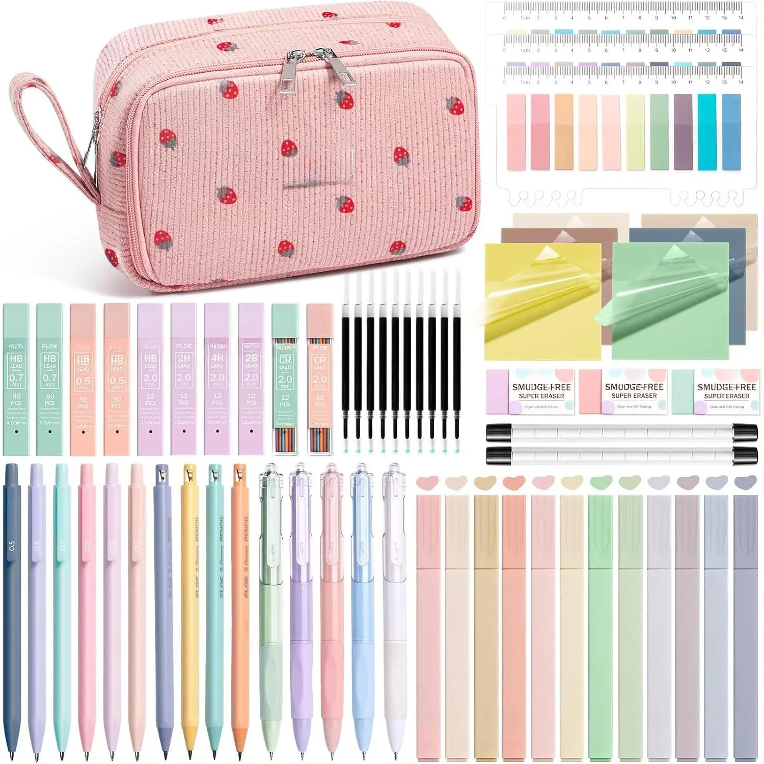 62 count Aesthetic School Supplies, Cute  to School Supplies College Essentials Preppy Stationary Set with Large Pencil Pouch Case, Pastel Highlighters Gel Pens Mechanical Pencils for Student Girls