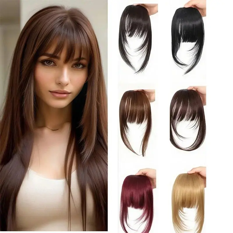 Women's Synthetic Resin Clip-In Bangs - Short Wispy Fringe with Sideburns, 27t Dark Brown Natural-Look Clip Hair Extensions, All-Seasons Party Supplies for Daily & Casual Wear