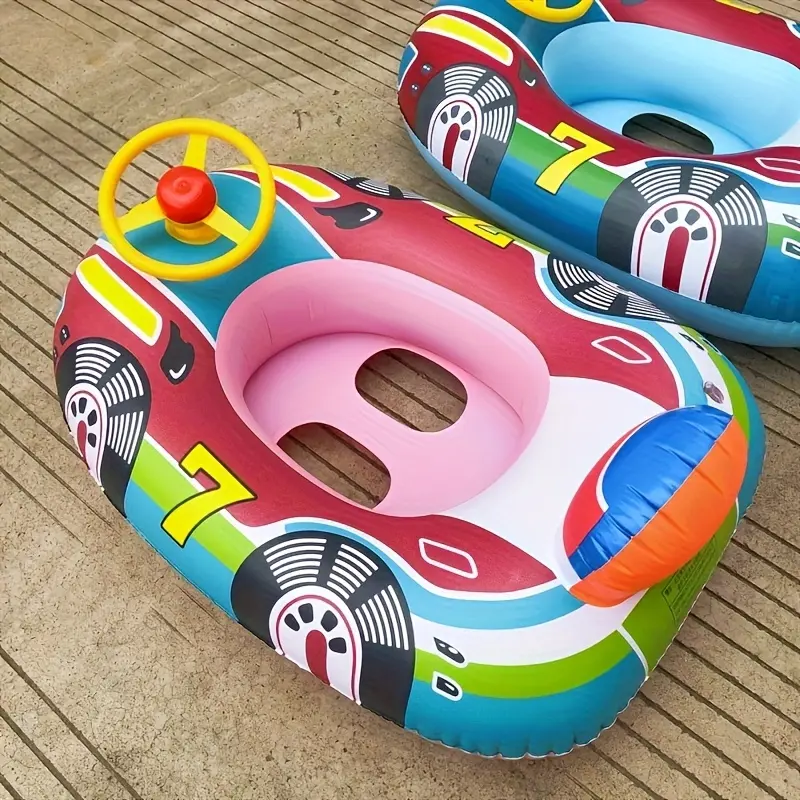 Child-Size Inflatable Race Car Water Seat Swim Ring, PVC Inflatable Floats for Pool Fun, with Fixed Steering Handle and Fixed Horn, Suitable for Ages 3-6