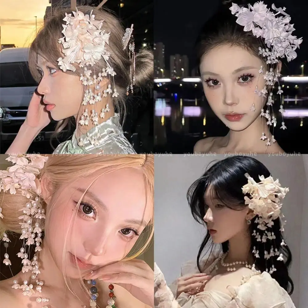 Fashion Elegant Bridal Headwear Luxury Tassel Wedding Headdress Pearl Fairy Flower Barrettes Hair Jewelry