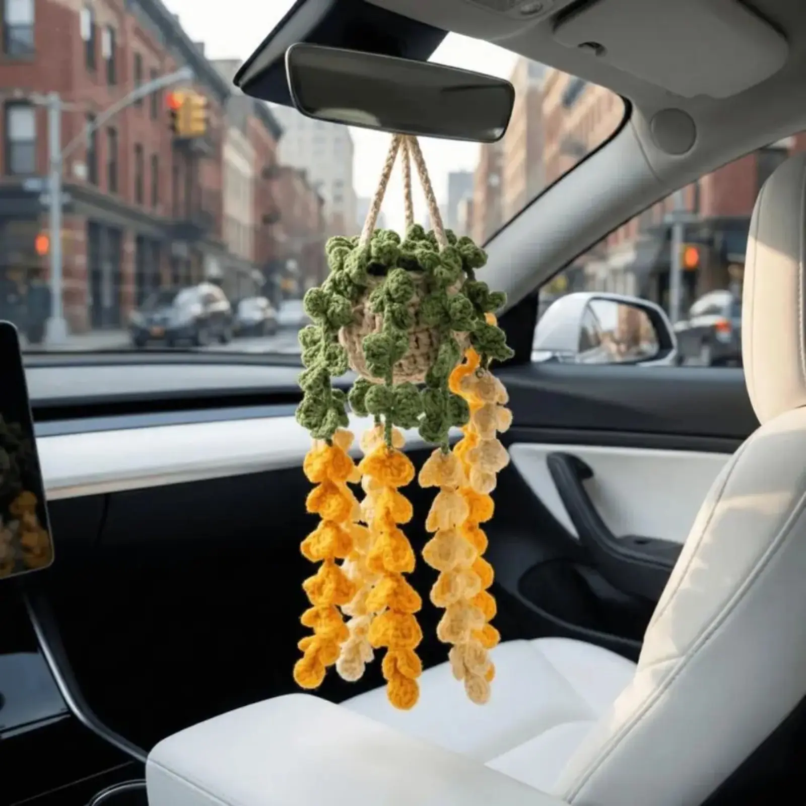 1Pcs Handmade Crochet Leather Mini Succulent Plant Hanging Ornament, Bohemian Dual-Use Decor for Car Interior & Home Window Display, Light Cute Accessory for Sports, Picnic and Outdoor Trips, Thoughtful Small Present for New Car Owners and Plant Lovers