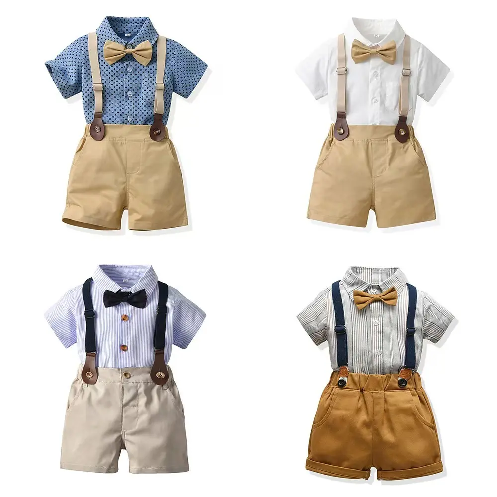 QYFashion Kids Boys Gentleman Suit Boy Short Sleeve Bowtie Lapel Shirts Tops+suspender Straps Elastic Waist Shorts Pants 2pcs Children Casual Formal Clothes Boys Dress Suit Tuxedo Set Wedding Birthday Children's Day Easter Valentine's Day