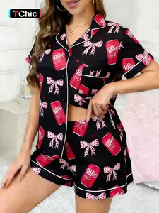 2-Pack Black Base with Red Heart and Pink Bow Print, Bubble Drink Bottle Design, Soft Short Sleeve Shorts with Small Pockets and Elastic Waistband, Suitable for All Seasons, Women, Home Wear, Loungewear, Sleepwear, Pajama Set, Pjs