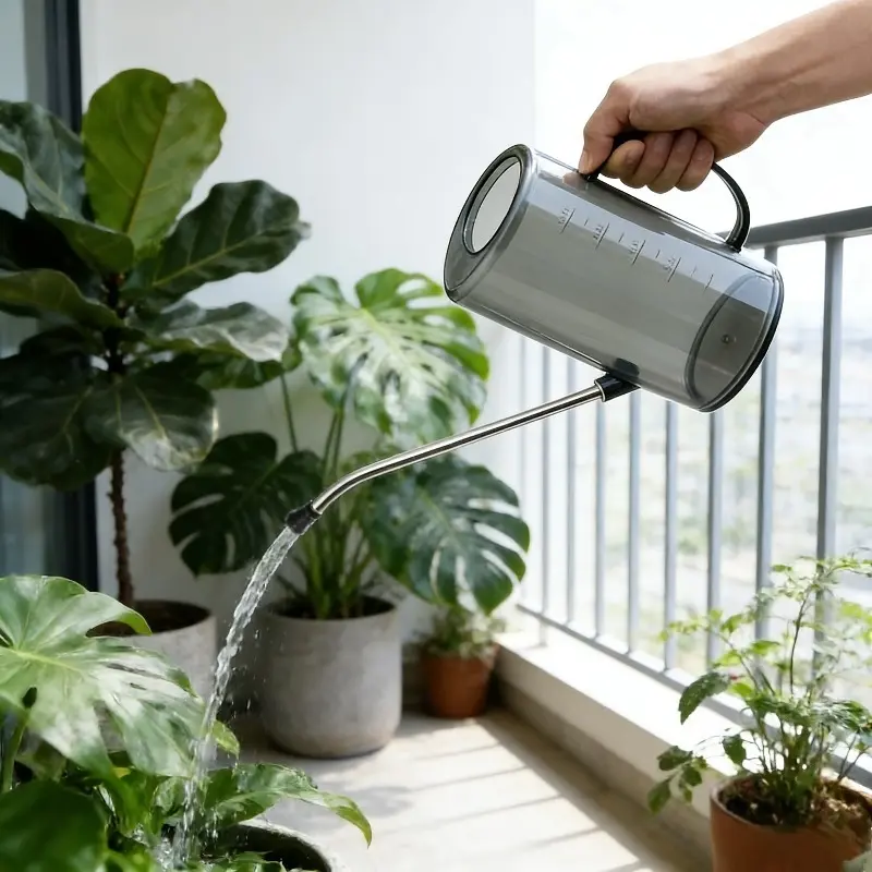 Grey Stainless Steel Long-Spout Watering Can & Sprayer Set – A Must-Have for Home Gardening. Durable, large-capacity tool featuring a modern, minimalist design; ideal for watering succulents, houseplants, and flowers on balconies, patios, or in gardens.