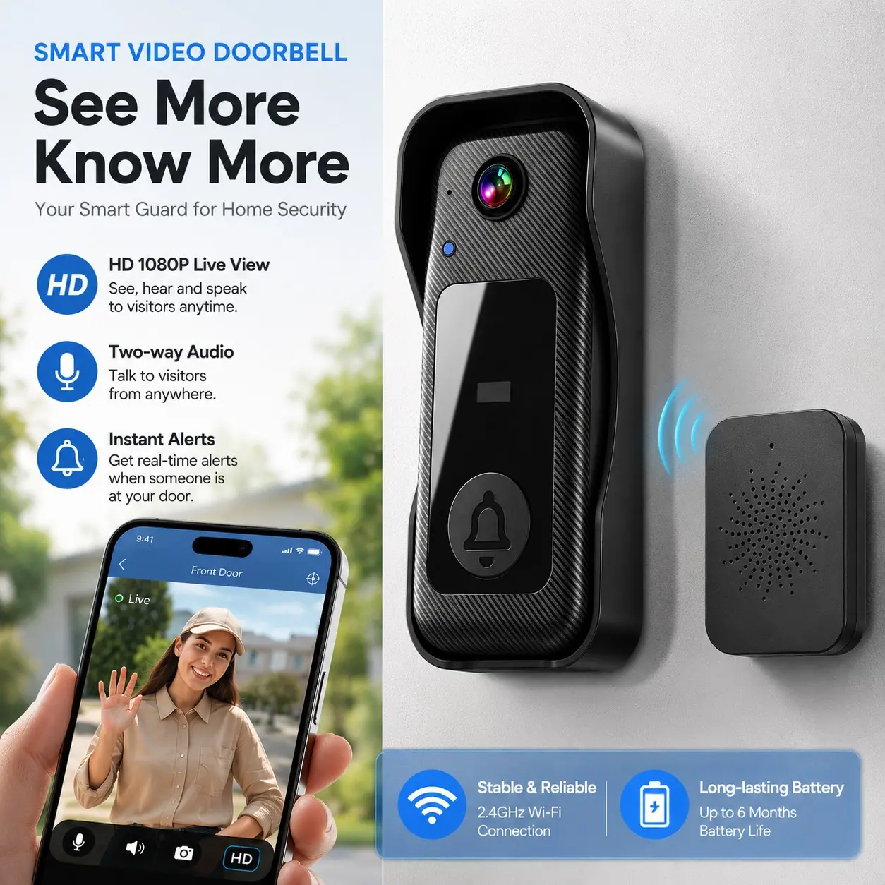 Wireless Smart Video Doorbell Camera with Chime, 1080P HD, Two-Way Audio, PIR Motion Detection, Night Vision, WiFi Security Camera, Indoor Receiver Included