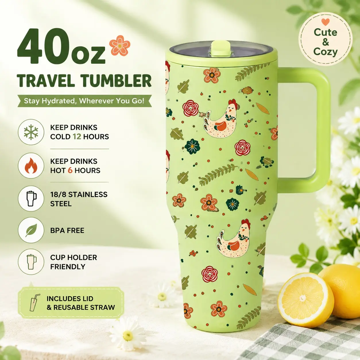 40oz Cottagecore Chicken Farm Tumbler with Handle, Straw, Vintage Floral Insulated Stainless Steel Water Bottle, Leakproof Travel Mug, Large Capacity for Women Office School Outdoor Gifts