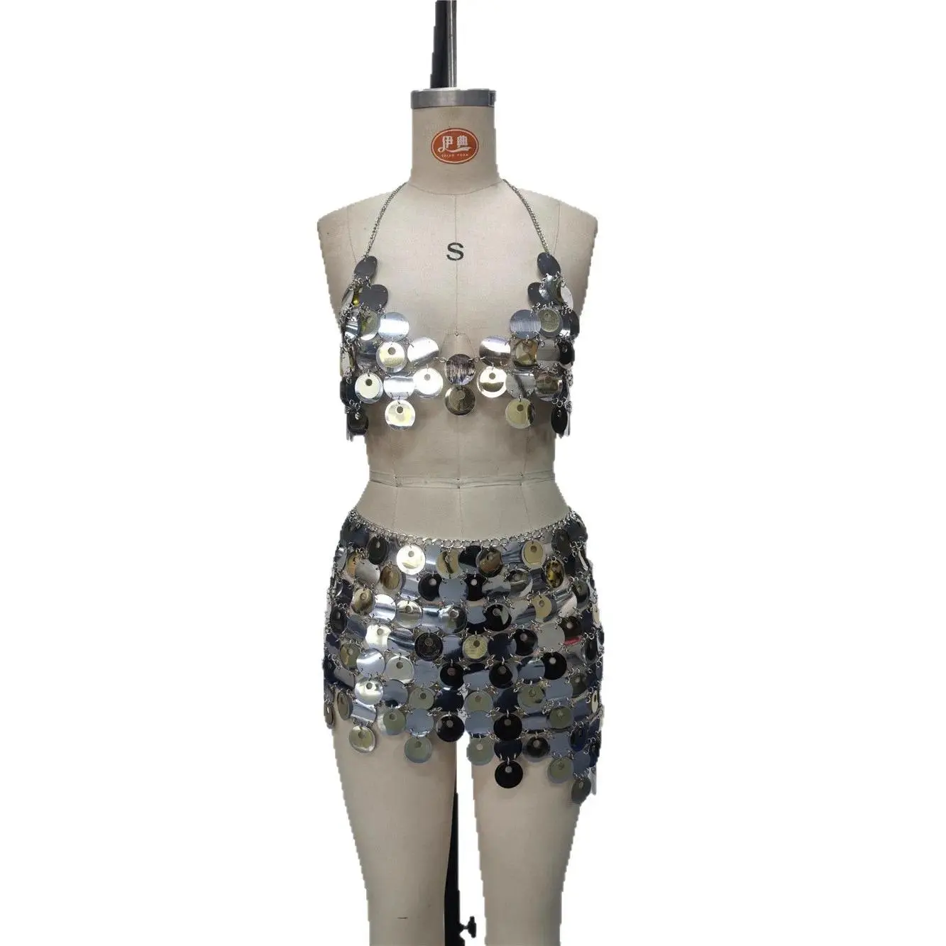 Sexy Silver Sequin Heavy Work Round Piece Fashion Patchwork Hollow Nightclub Hot Girl Mini Skirt Sequin Set