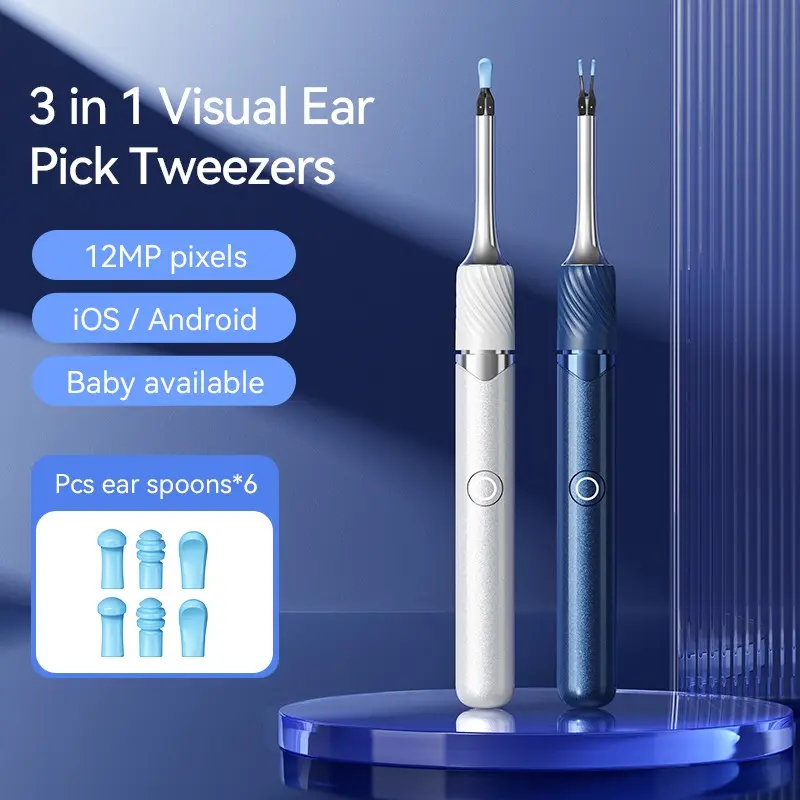3-in-1 Smart Visual Ear Cleaner, HD Camera Ear Wax Removal Tool with Tweezers, WiFi Otoscope, Soft Silicone Ear Pick for iOS & Android
