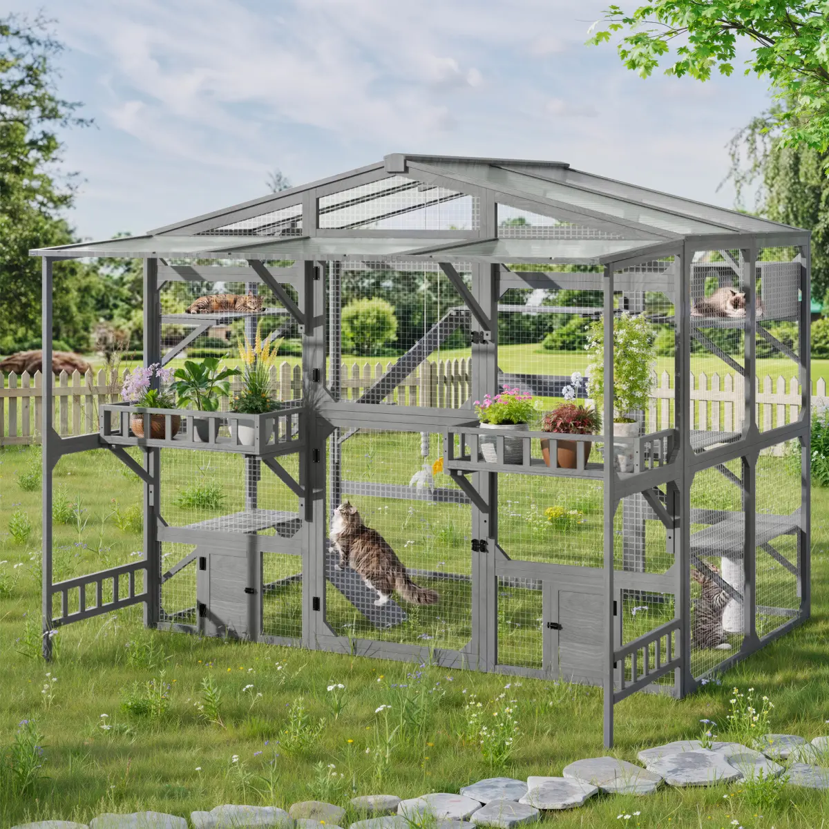 Large Outdoor Catio for 6-10 Cats, Pine Wood Cat Cage Outdoor with Weatherproof Roof, 6 Platforms, Climbing Ramp, 1 Resting Box and Cat Scratching Post, Outdoor Cat House with Storage Shelves, Grey