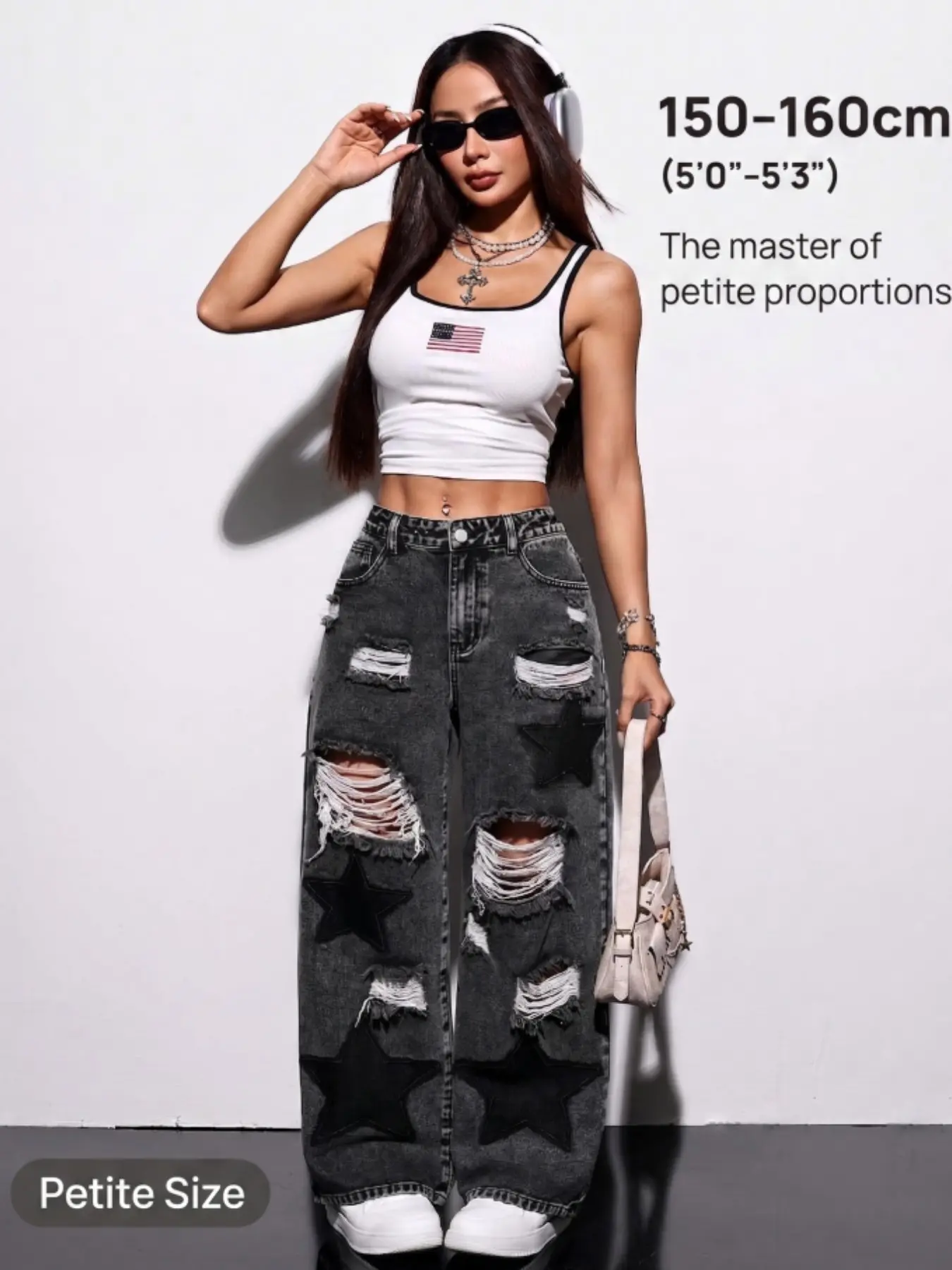 Petite Women's Y2K High-Waisted Ripped Loose Jeans, Star Patch Denim, Casual Streetwear Party Summer, Straight-Leg Pants with Pockets