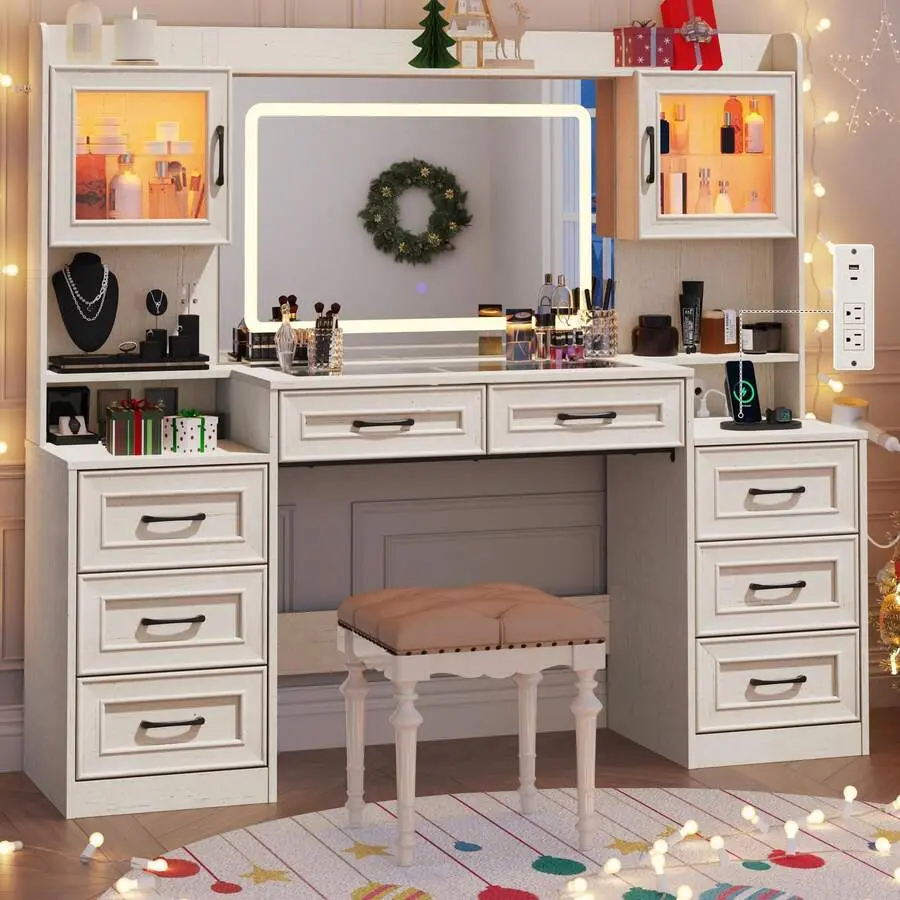 62" W Large Farmhouse Makeup Vanity Desk With 32" HD Mirror And Lights,Power Outlet,Tempered Glass Top,Big Rustic Dressing Table W/2 Glass Cabinets,60000-Color LED Lights Women,Girls
