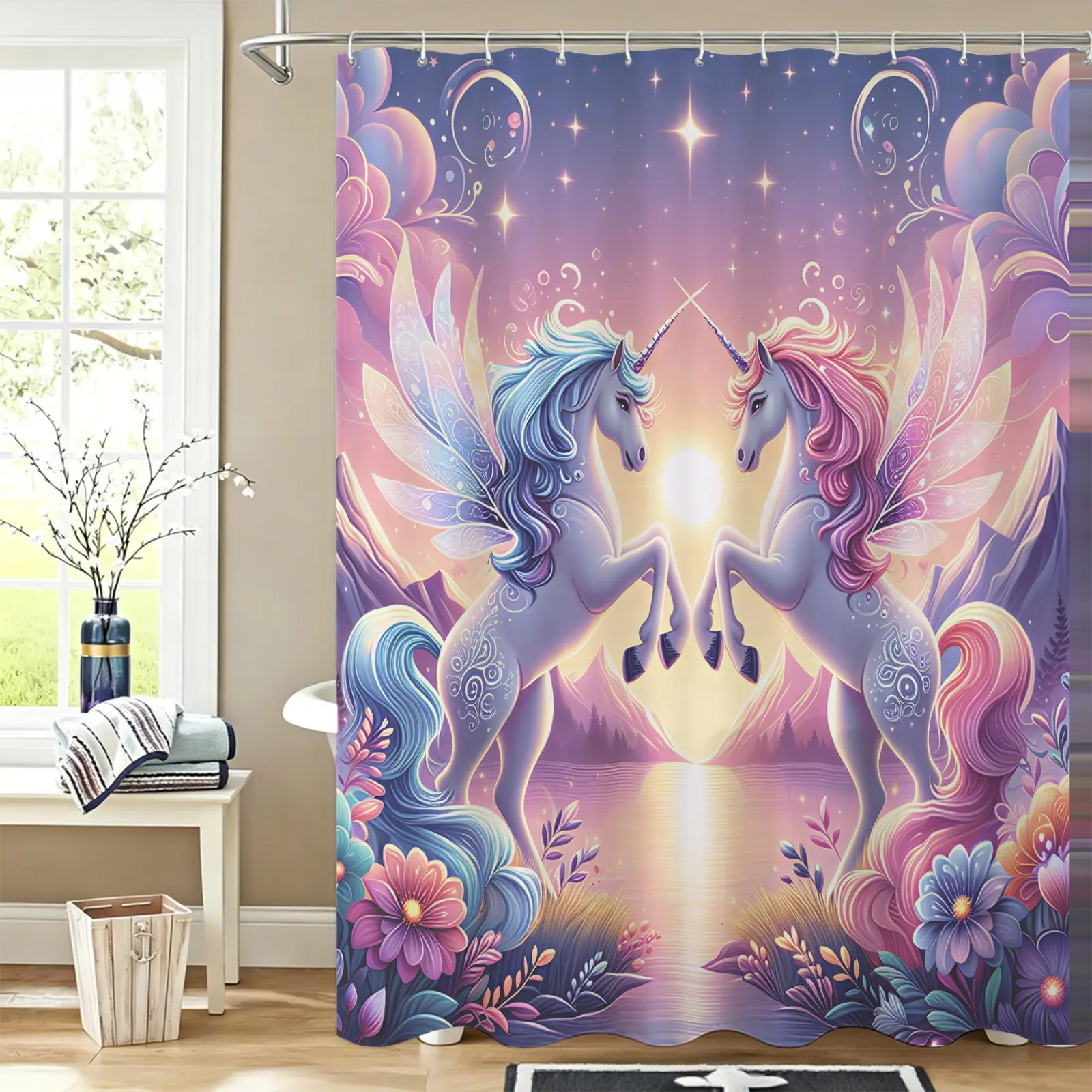 Dreamy Gradient Pink‑Purple‑Blue 2 Unicorns Shower Curtain,Waterproof,12 Hooks Included,Bathroom Dry‑Wet Separation,Back‑to‑School,Ideal Gift for Bathroom Decor