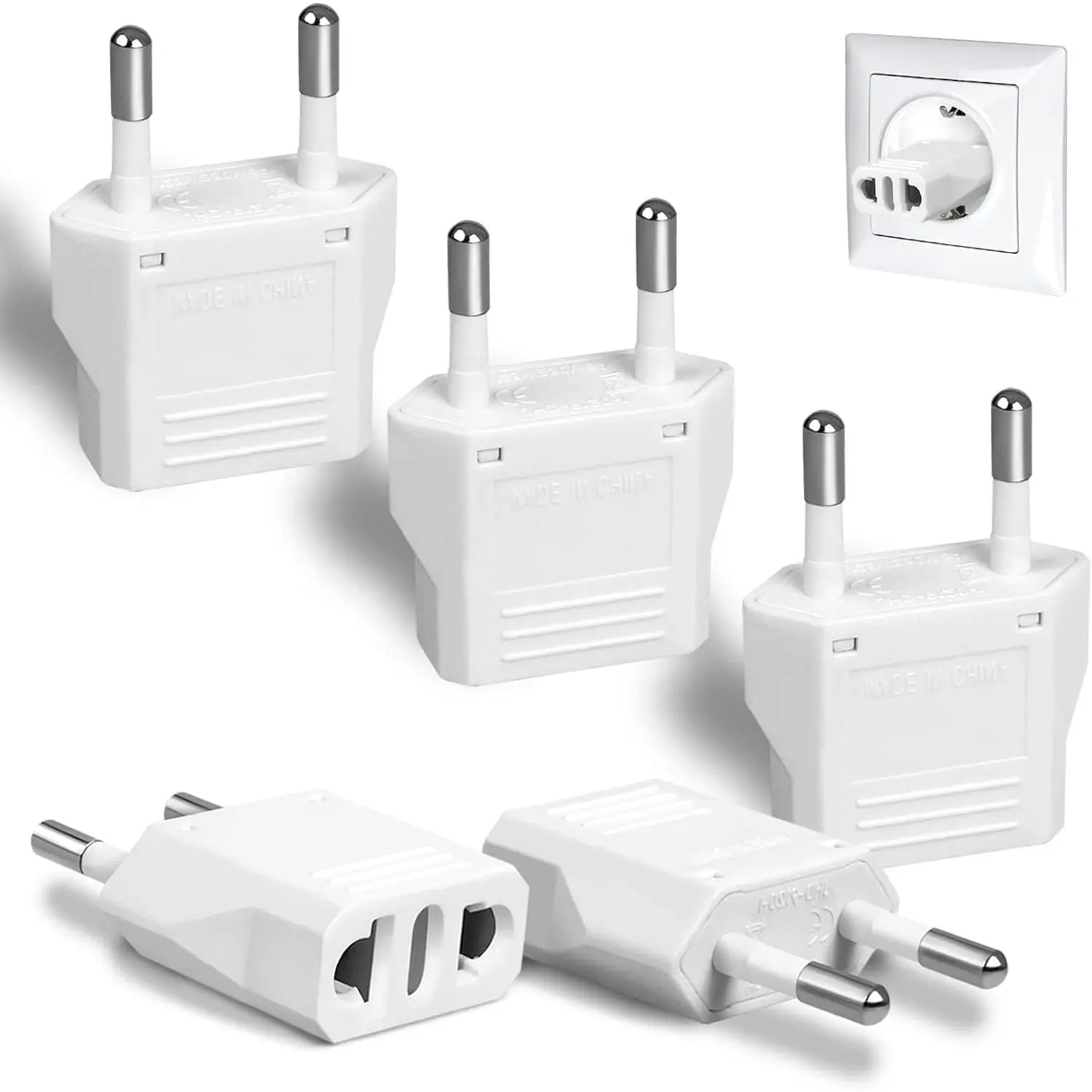 6 Pack  to  Plug Adapter - Type C European Travel Adapter, Wall Plug Power Converter for  (White)