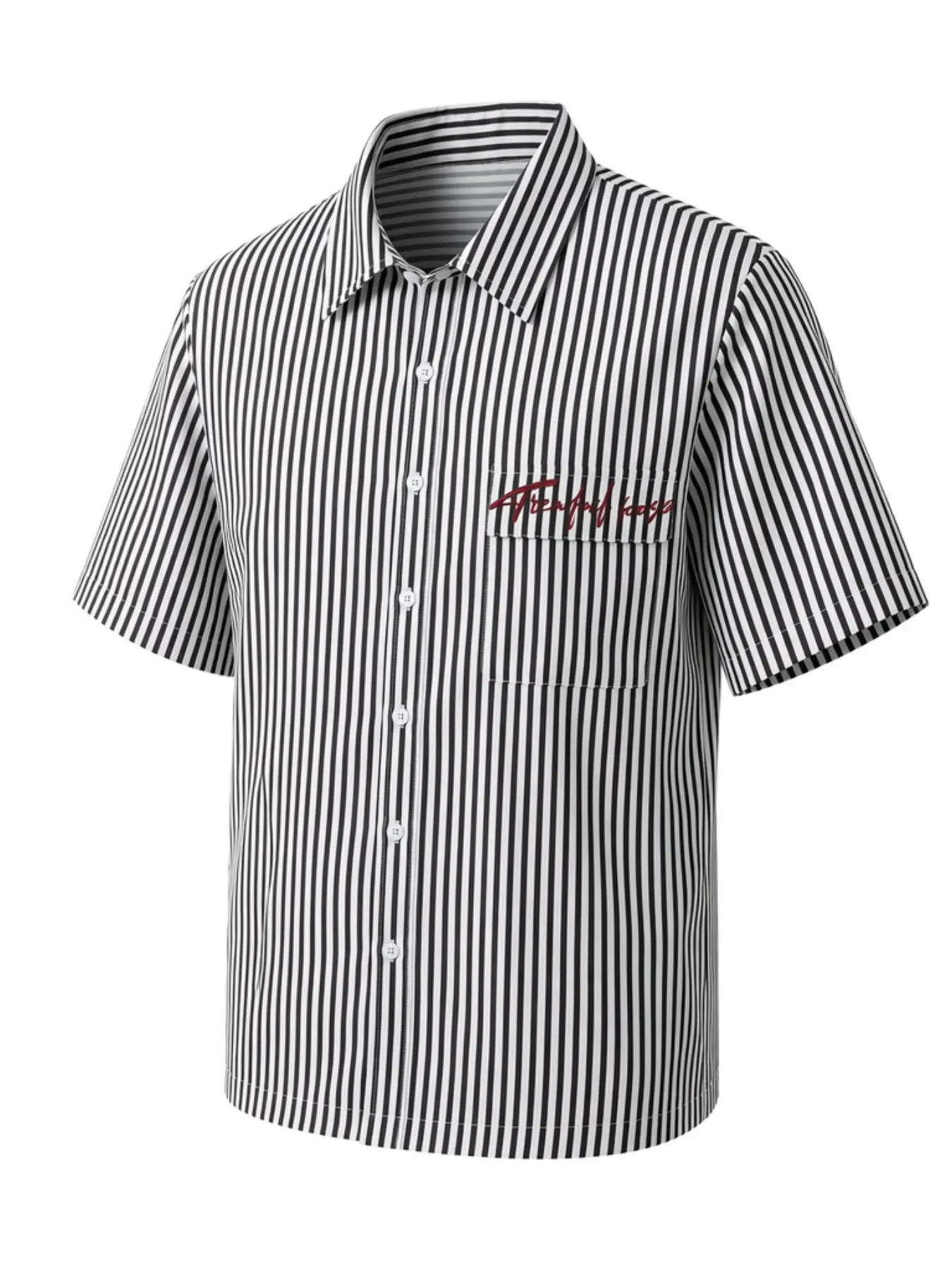 Men Vertical Striped Short Sleeve Button Down Shirt, Chest Pocket Red Script Letter Embroidery Casual Summer Loose Blouse