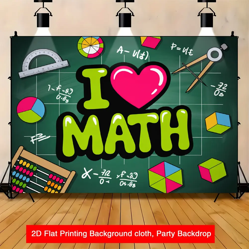 2D Flat "I Love Math" Themed Polyester Photography Backdrop - HD Digitally Printed, Soft Lightweight Foldable Background Cloth for School Events, Photo Sessions, Party Decor