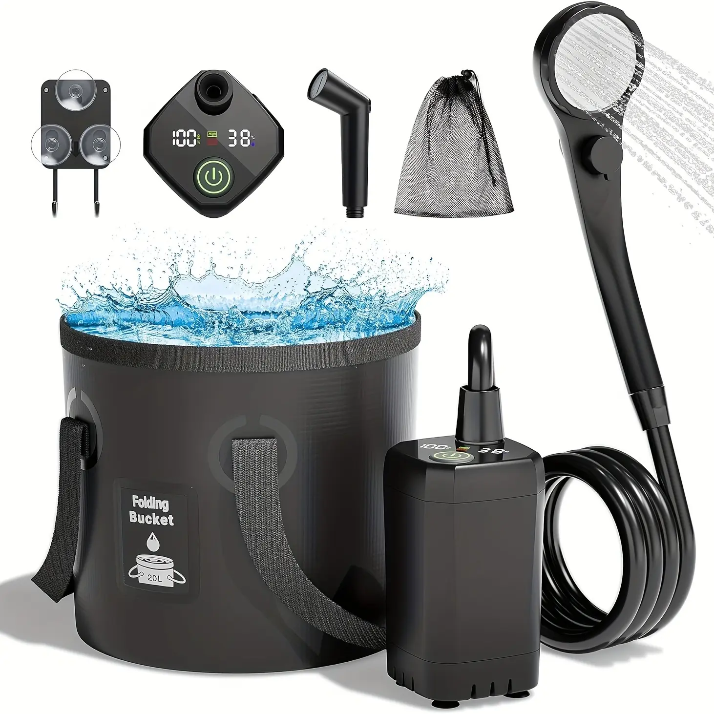 Portable Camping Shower, 6000mAh Rechargeable Shower Pump, Filtered Shower Head & 5 Gallons Foldable Bucket, Outdoor Shower for Hiking, Beach, Travel, Pet Bath, Car Washing, Surf & Boat Cleaning