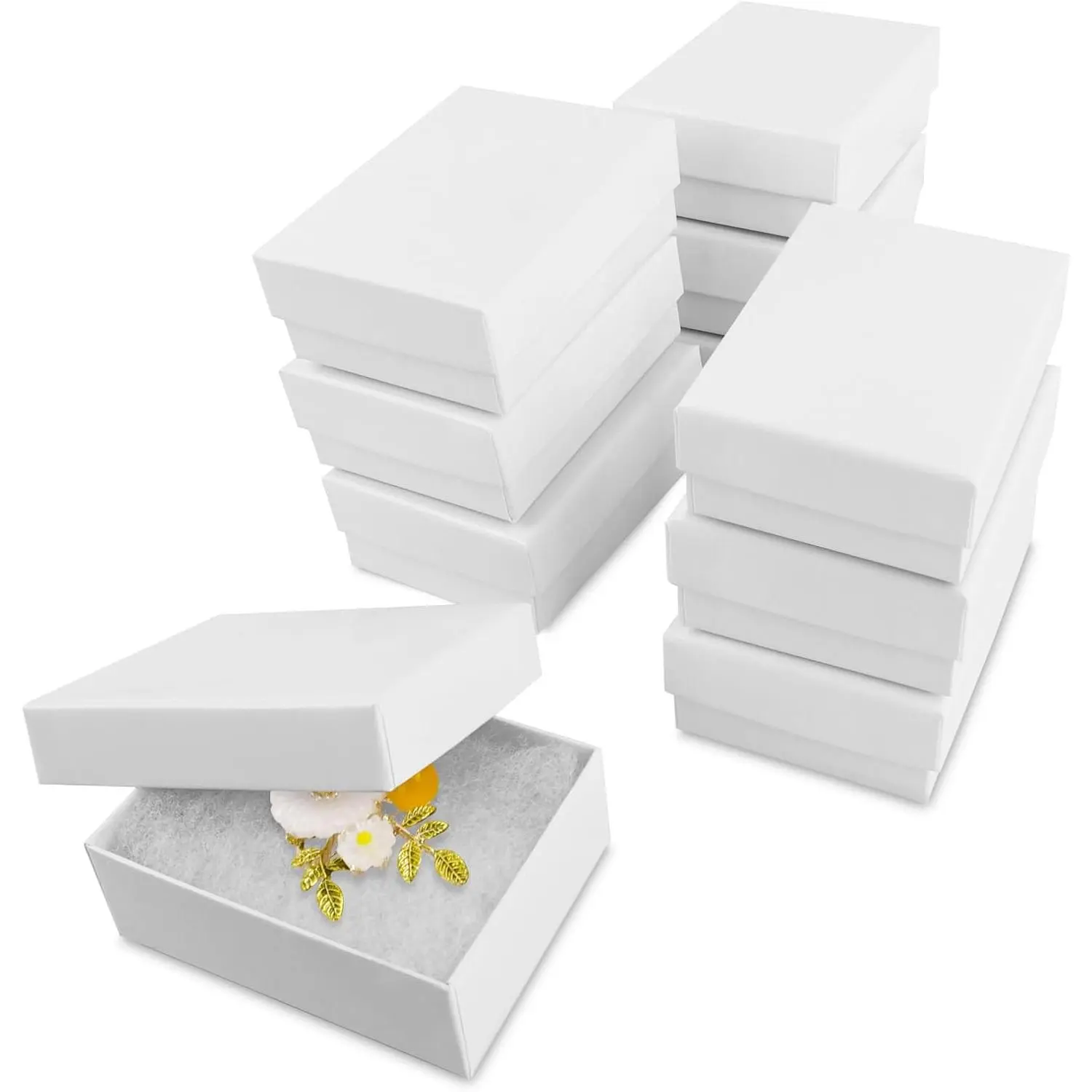 White Cotton Rectangular Small Size Jewelry Gift Boxes - 10 Pack, 3.08x2.3x1.1in, Simple Design, Flat Base, Ideal for Rings, Earrings, Brooches