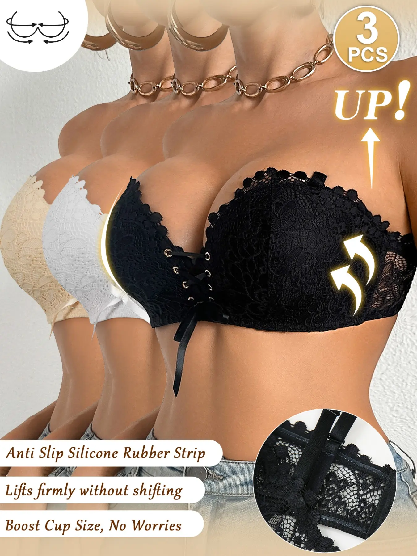 2/3PCS Women's Elegant Lace Convertible Strapless Wireless Bra, Front Lace-Up Push-Up, Anti-Slip Silicone Strip Prevents Slipping, Breathable Side Support Lifts Bust, Great for Off-Shoulder & Formal Dresses