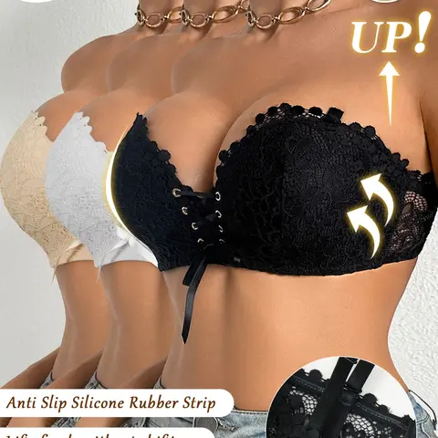 2/3PCS Women's Elegant Lace Convertible Strapless Wireless Bra, Front Lace-Up Push-Up, Anti-Slip Silicone Strip Prevents Slipping, Breathable Side Support Lifts Bust, Great for Off-Shoulder & Formal Dresses