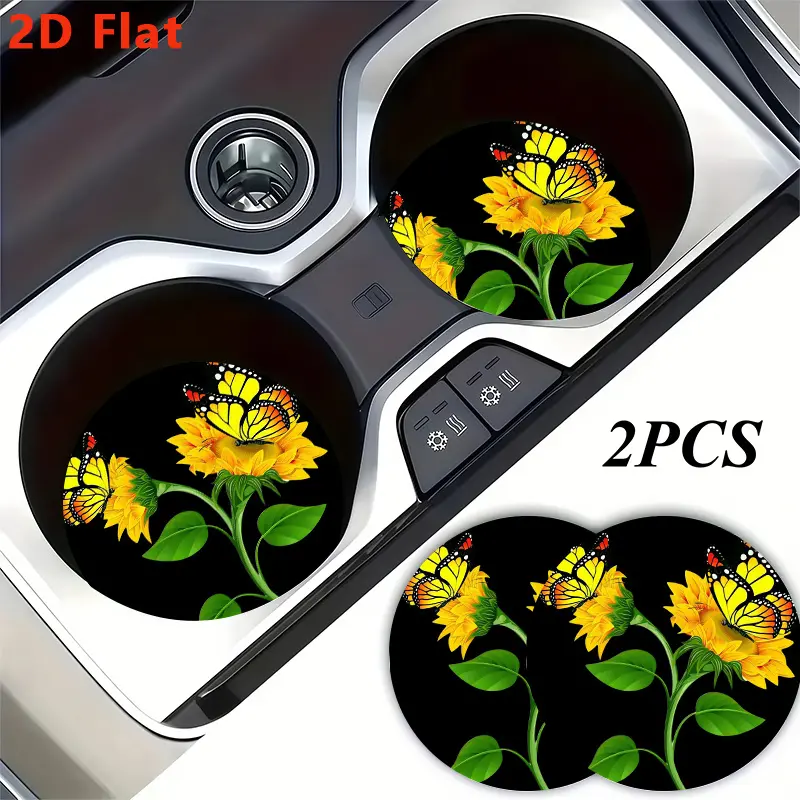 2D Flat,2pcs Sunflower Butterfly Print Cup Holder Coaster,Car Interior Decor,Non-Slip Vehicle Beverage Mat for Woman and for Man,Universal Drink Mats for Vehicle Interiors,Ideal Halloween, Christmas,Birthday&Daily Gift for Friends., 2D Flat